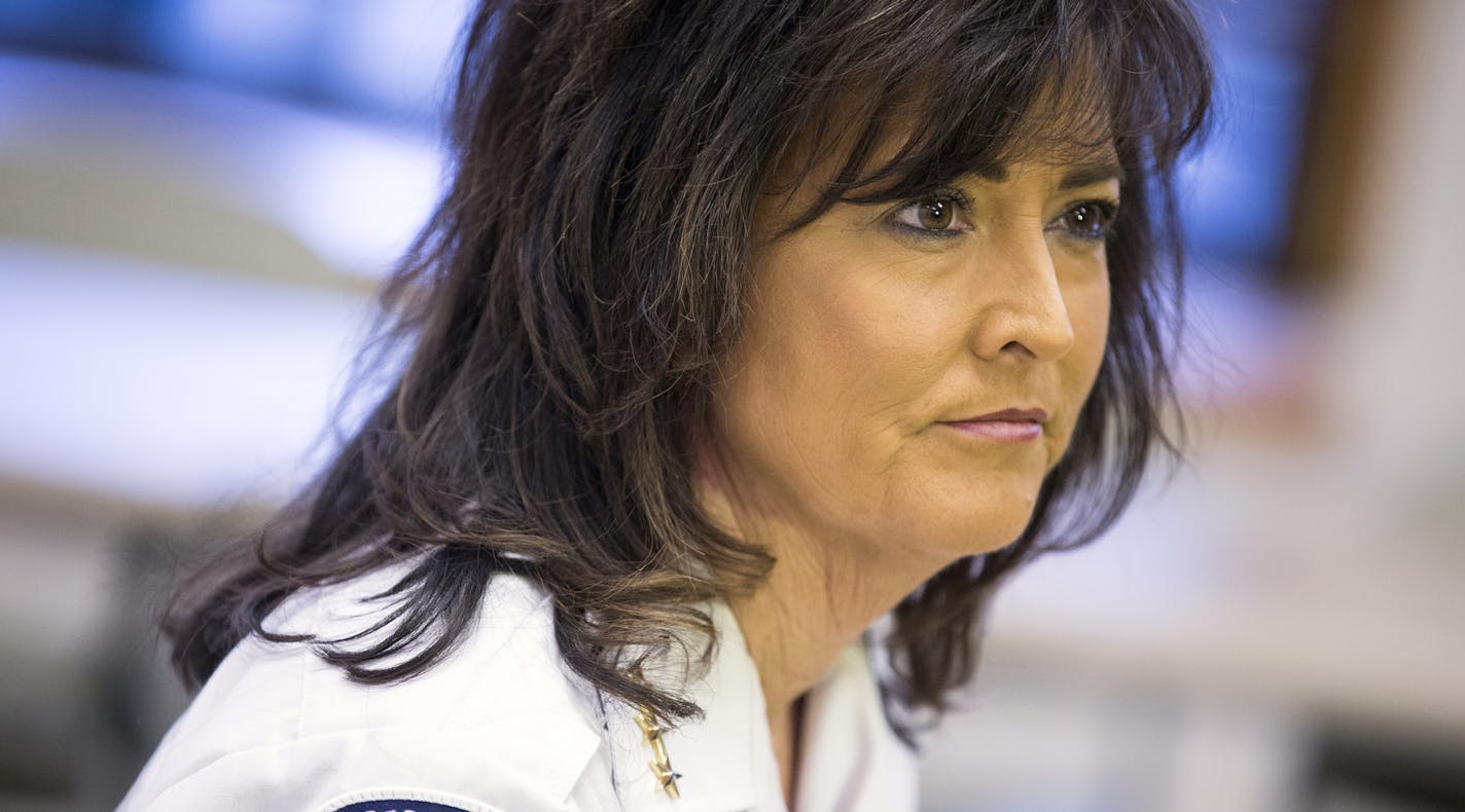 Minneapolis Police Chief Jane&#xe9; Harteau holds a press conference seeking to clarify remarks she made earlier in the day regarding police response to any anticipated protests to the upcoming Jamar Clark decision. ] (Leila Navidi/Star Tribune) leila.navidi@startribune.com BACKGROUND INFORMATION: Thursday, March 24, 2016 at the City Hall building in downtown Minneapolis.