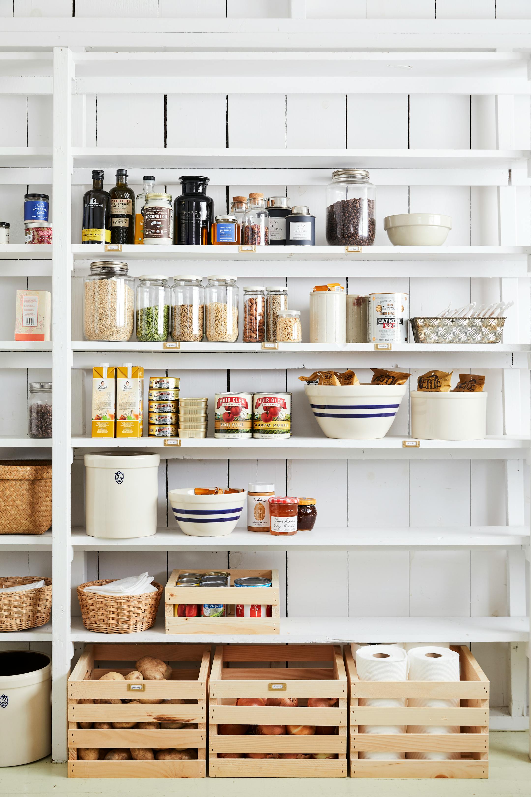 BC-ASK-MARTHA-PANTRY-ORGANIZATION-ART-NYTSF — Traveler's Company brass label plates, $15 for six, jetpens.com. Ohio Stoneware utility crock, 1 gallon, $23; and shoulder bowl, from $22, stonewareoutlet.com. Crates &amp; Pallet wooden crates, from $9 each, homedepot.com. (Ryan Liebe/Martha Stewart Living Online) — ONLY FOR USE WITH ARTICLE SLUGGED — BC-ASK-MARTHA-PANTRY-ORGANIZATION-ART-NYTSF — OTHER USE PROHIBITED.