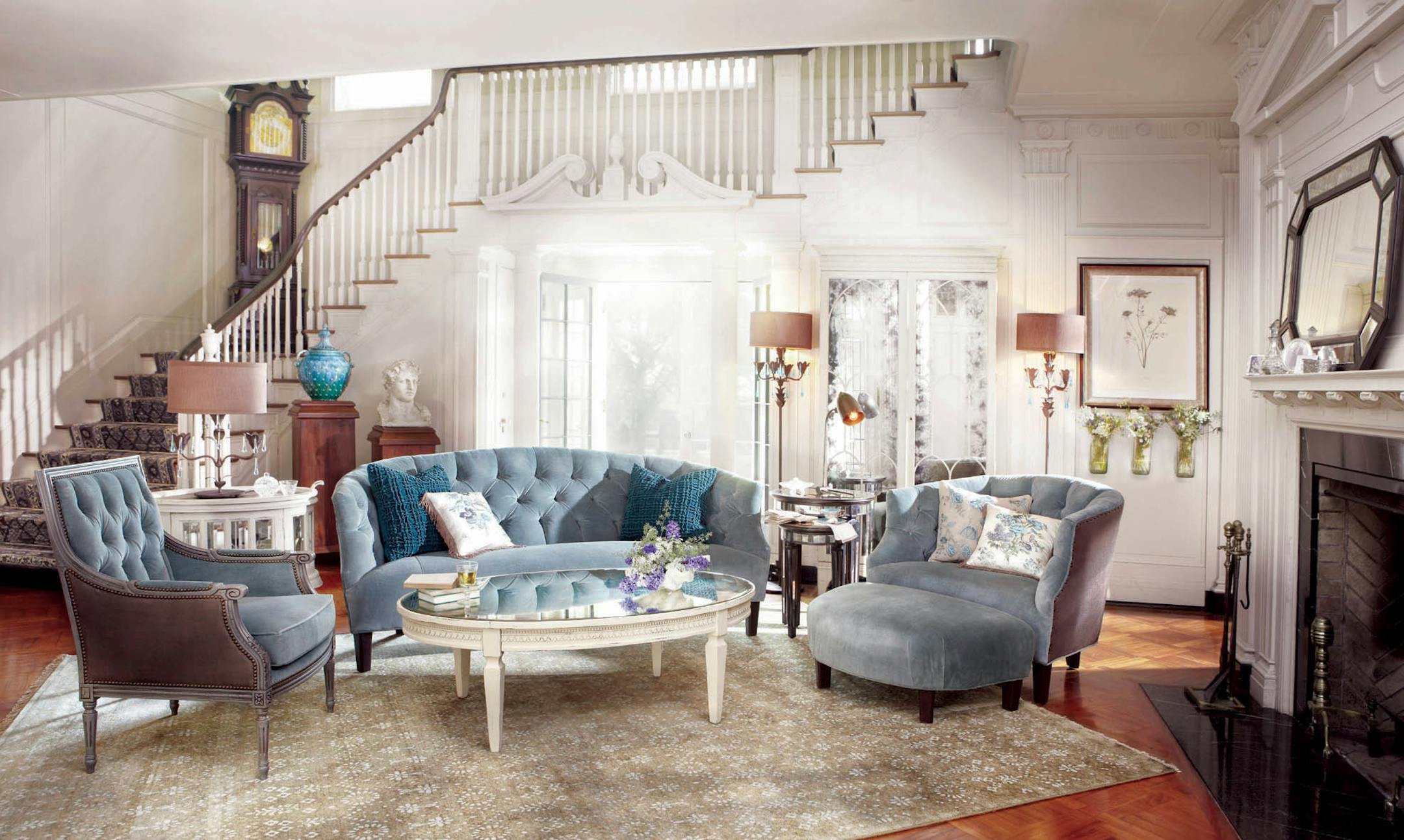 Home decor lines this spring are being influenced by the Roaring Twenties and art deco; here the Arhaus Paloma parlor sofa in ìCannes silver sageî velvet frames the Amelia mirrored top coffee table. Illustrates DESIGN-SPRING (category l), by Jura Koncius (c) 2013, The Washington Post. Moved Friday, Feb. 1, 2013. (MUST CREDIT: Arhaus.)