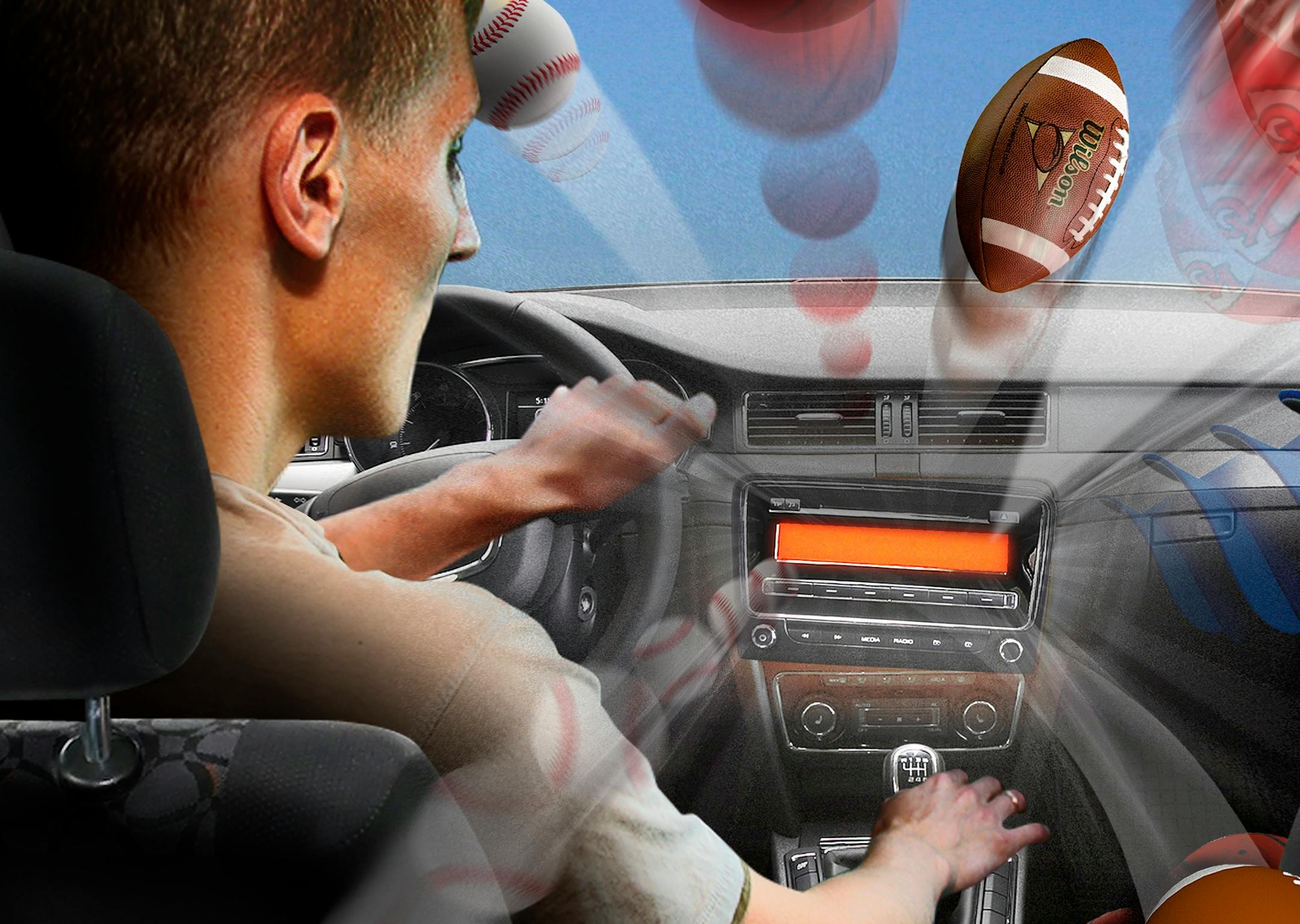 300 dpi Neil Nakahodo color illustration of a driver listening to sports on his car radio/satellite station and not paying attention to the road. The Kansas City Star 2010<p> With BC-SPORTS-DRIVING:KC, The Kansas City Star by Brad Cooper<p> 01000000; 10000000; 15000000; ACE; krtcampus campus; krtentertainment entertainment; krtfeatures features; krtlifestyle lifestyle; krtnational national; krtsports sports; leisure; LIF; SPO; krtedonly; mctillustration; 01014000; 01026002; ENT; mass media; radi