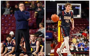 The key figures in Thursday's drama: Orono coach Barry Wohler, left, and player Nolan Groves, shown during last season's state tournament (Brennan Sch