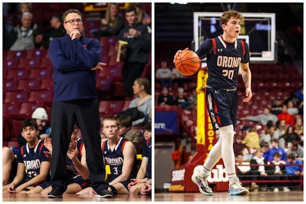 The key figures in Thursday's drama: Orono coach Barry Wohler, left, and player Nolan Groves, shown during last season's state tournament (Brennan Sch