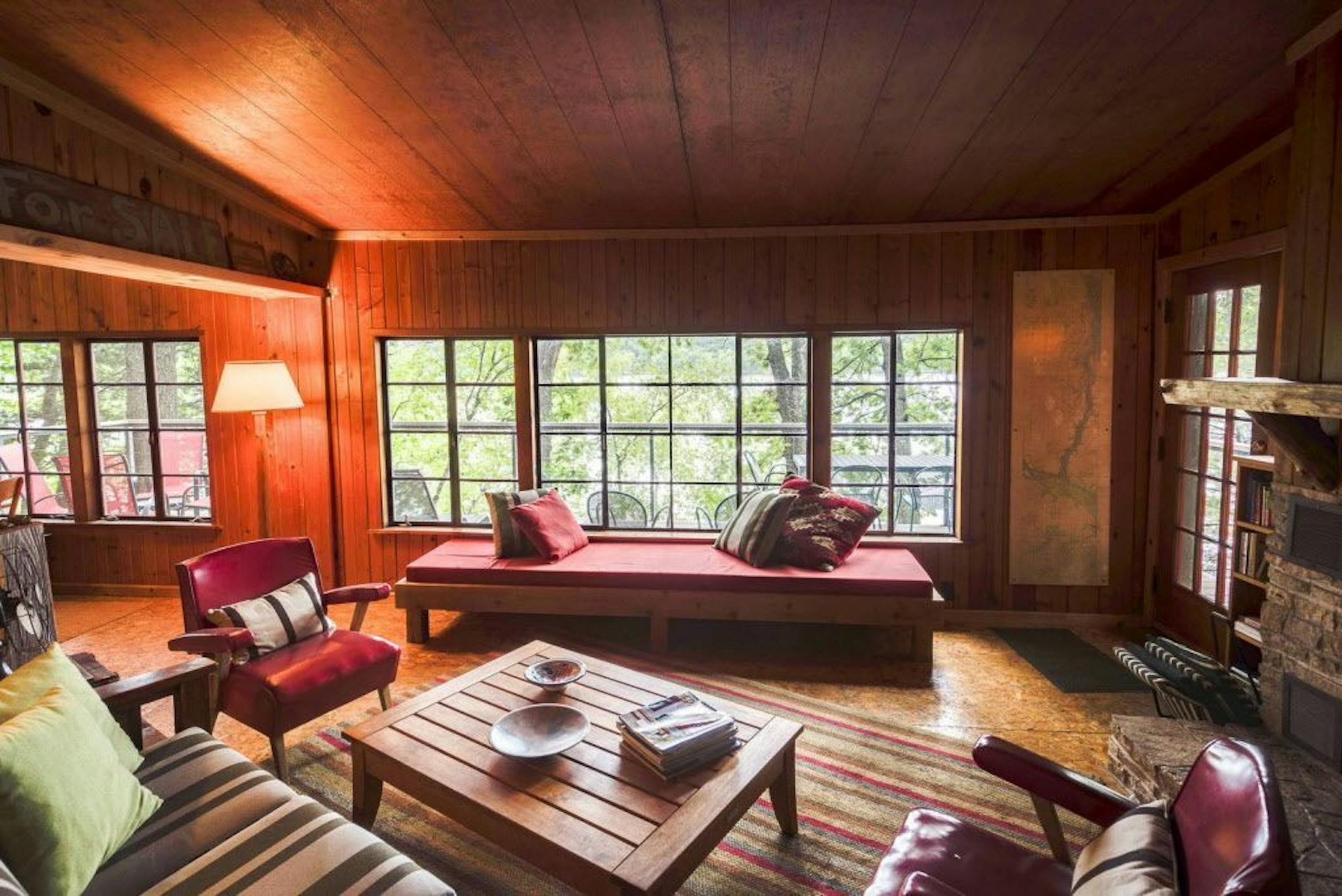 The living area of the main cabin has been extensively updated by current owners architect Lars Peterssen and author R.D. Zimmerman.