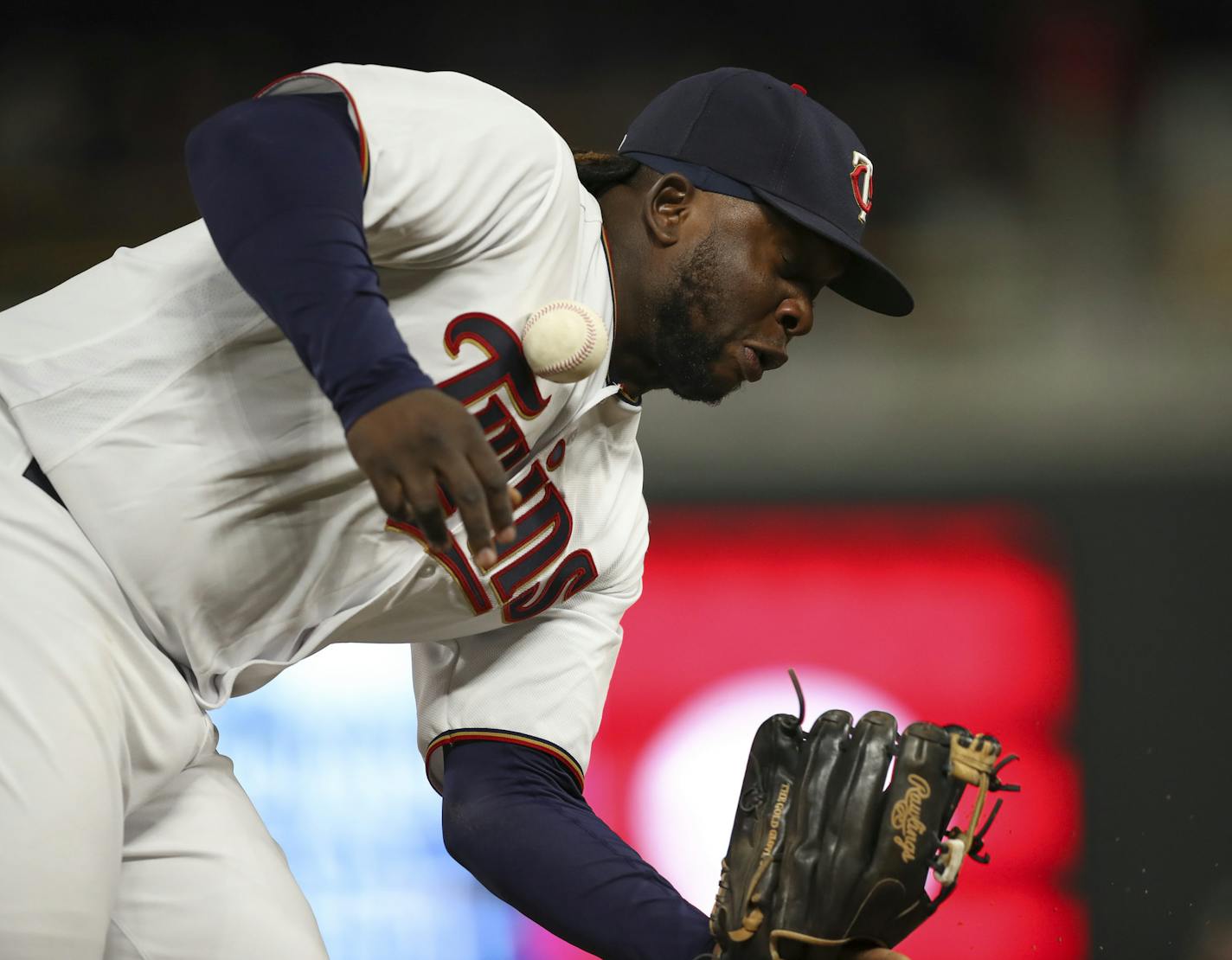 Twins third baseman Miguel Sano had trouble handling a ground ball by Chicago's Tim Anderson in the fifth inning. ] JEFF WHEELER &#xef; jeff.wheeler@startribune.com The Minnesota Twins faced the Chicago White Sox in an MLB baseball game Thursday night, April 12, 2018 at Target Field in Minneapolis.