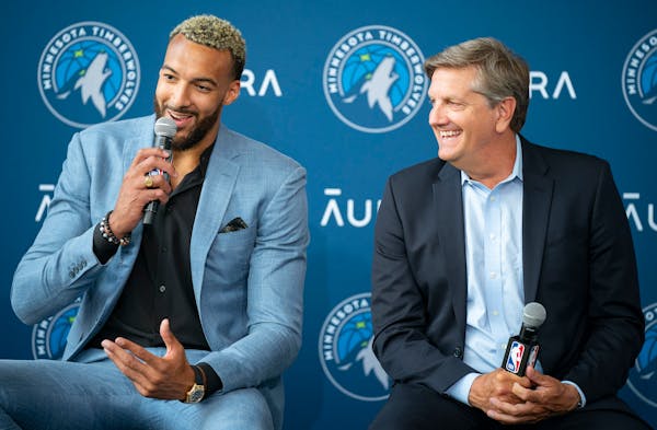 New Wolves center Rudy Gobert made coach Chris Finch laugh during Gobert’s introductory news conference in July.