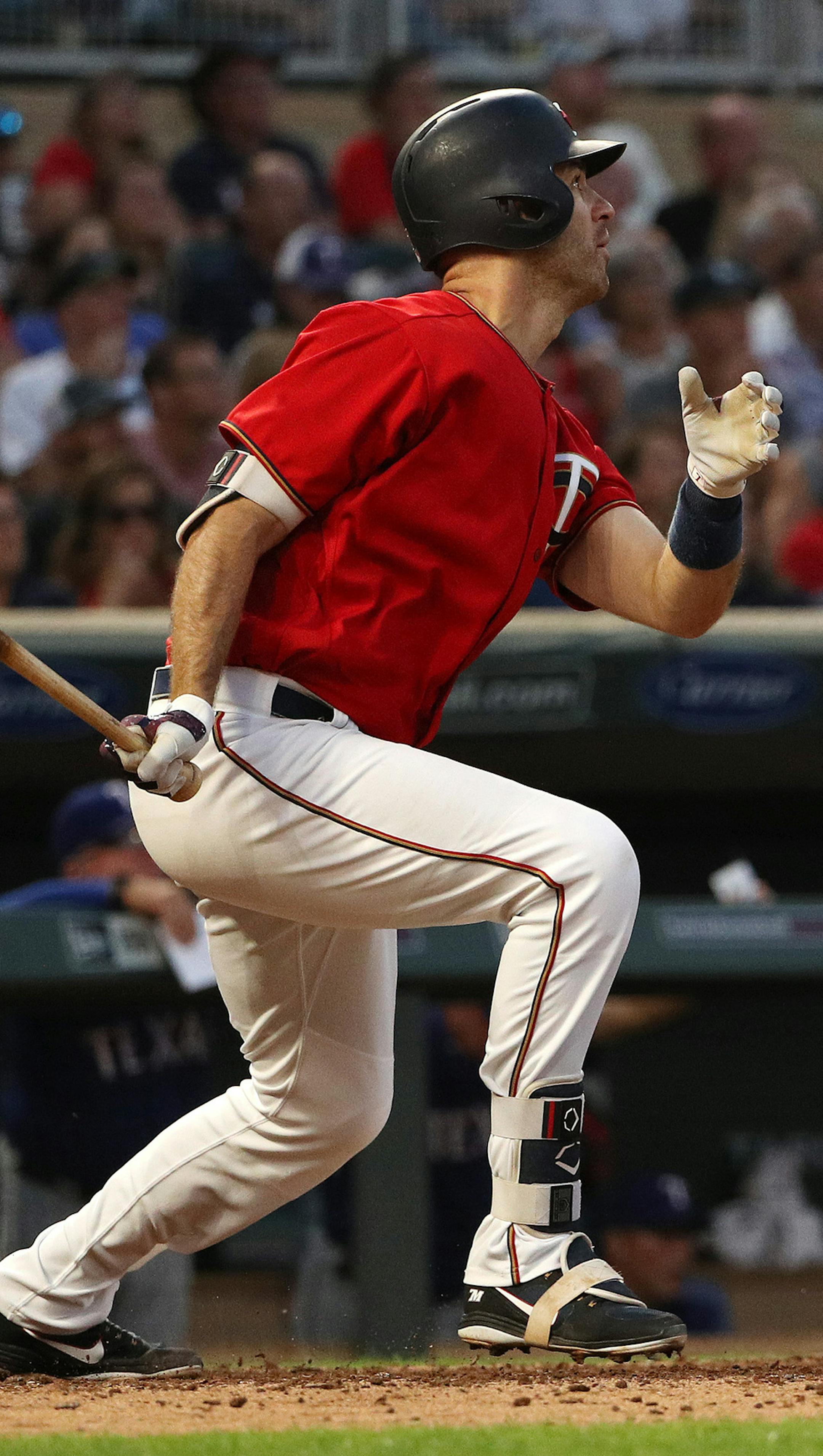 Minnesota Twins first baseman Joe Mauer (7) watched after hitting a double to left field in the sixth inning. ] ANTHONY SOUFFLE ï anthony.souffle@startribune.com The Minnesota Twins played the Texas Rangers in an MLB game Friday, June 22, 2018 at Target Field in Minneapolis.