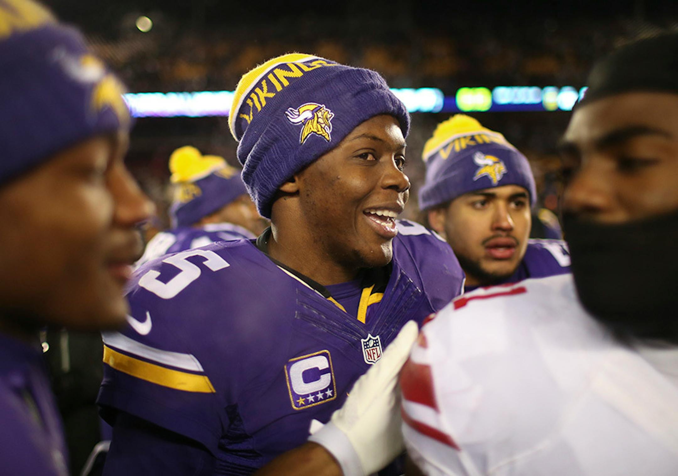 Vikings quarterback Teddy Bridgewater (5) greeted Giants players after the game Sunday night.