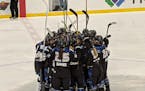 Minnesota Whitecaps players celebrated their 1-0 overtime victory over the Metropolitan Riveters on Sunday, March 8, 2020, at Tria Rink in St. Paul. (
