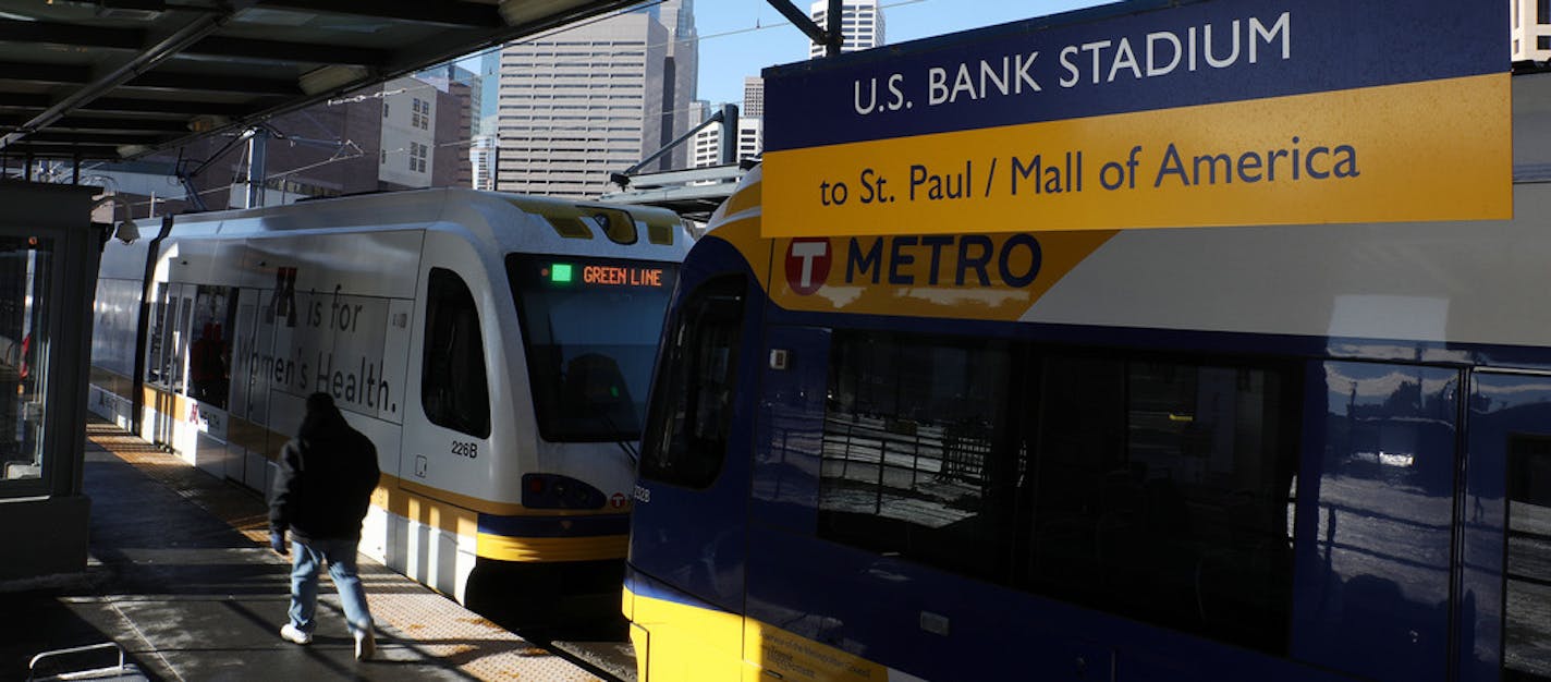 A Green Line light-rail train waited for passengers at the U.S. Bank Stadium station. The Green Line has run 24 hours a day, but a proposal is looking to change that on weekdays.