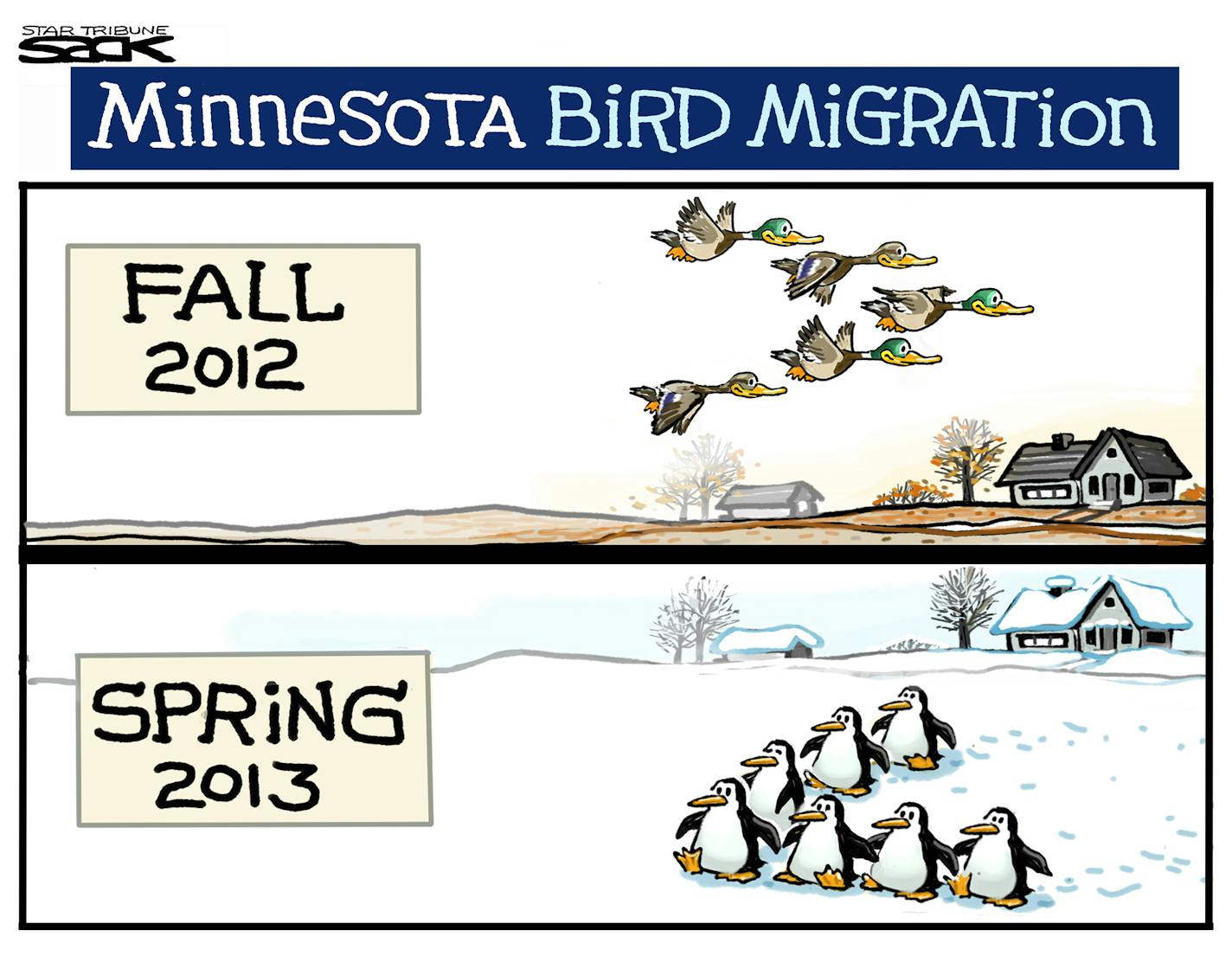 Steve Sack editorial cartoon for May 2, 2013. Topic: May snowstorm.