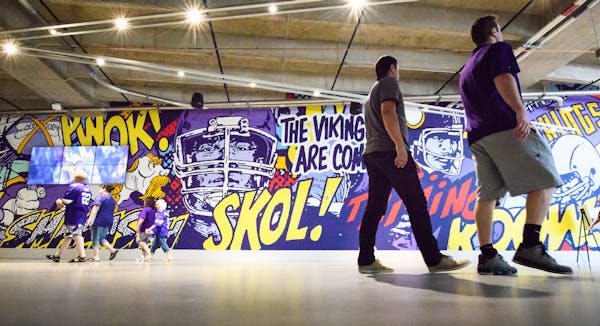 Minneapolis-based artist Greg Gossell used a lively pop-art style in his 25-yard-long mural &#x201c;The Vikings Are Coming&#x201d; in a concourse of t