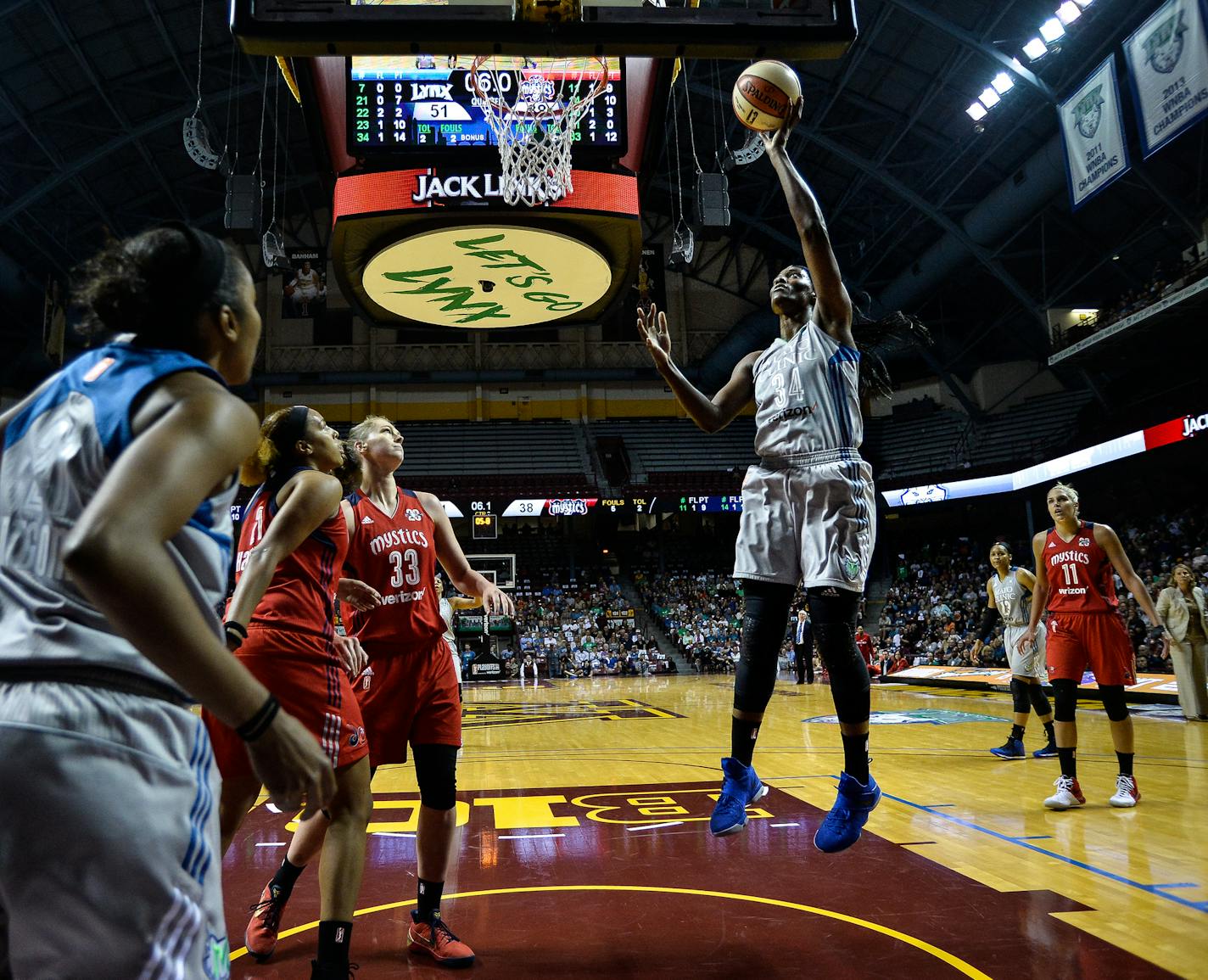 Minnesota Lynx center Sylvia Fowles (34) scored a basket in the final seconds of the second quarter against the Washington Mystics. She scored 16 in the half. ] AARON LAVINSKY &#xef; aaron.lavinsky@startribune.com The Minnesota Lynx played the Washington Mystics on Tuesday, Sept. 12, 2017 at Williams Arena in Minneapolis, Minn.