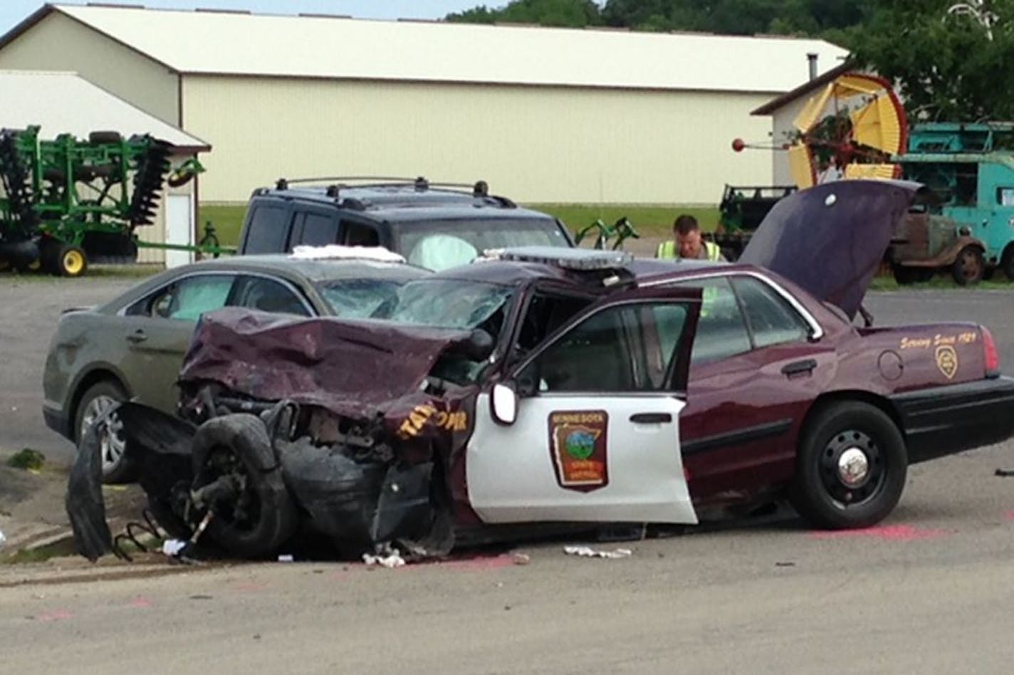 Courtesy KSTP/Todd Raaen Minnesota State Patrol said two people are dead after a three vehicle crash in Cannon Falls on Friday afternoon. The incident happened on 65th Avenue and County Road 24 just outside of the Country Side Antique Mall in Cannon Falls at 2:35 p.m.