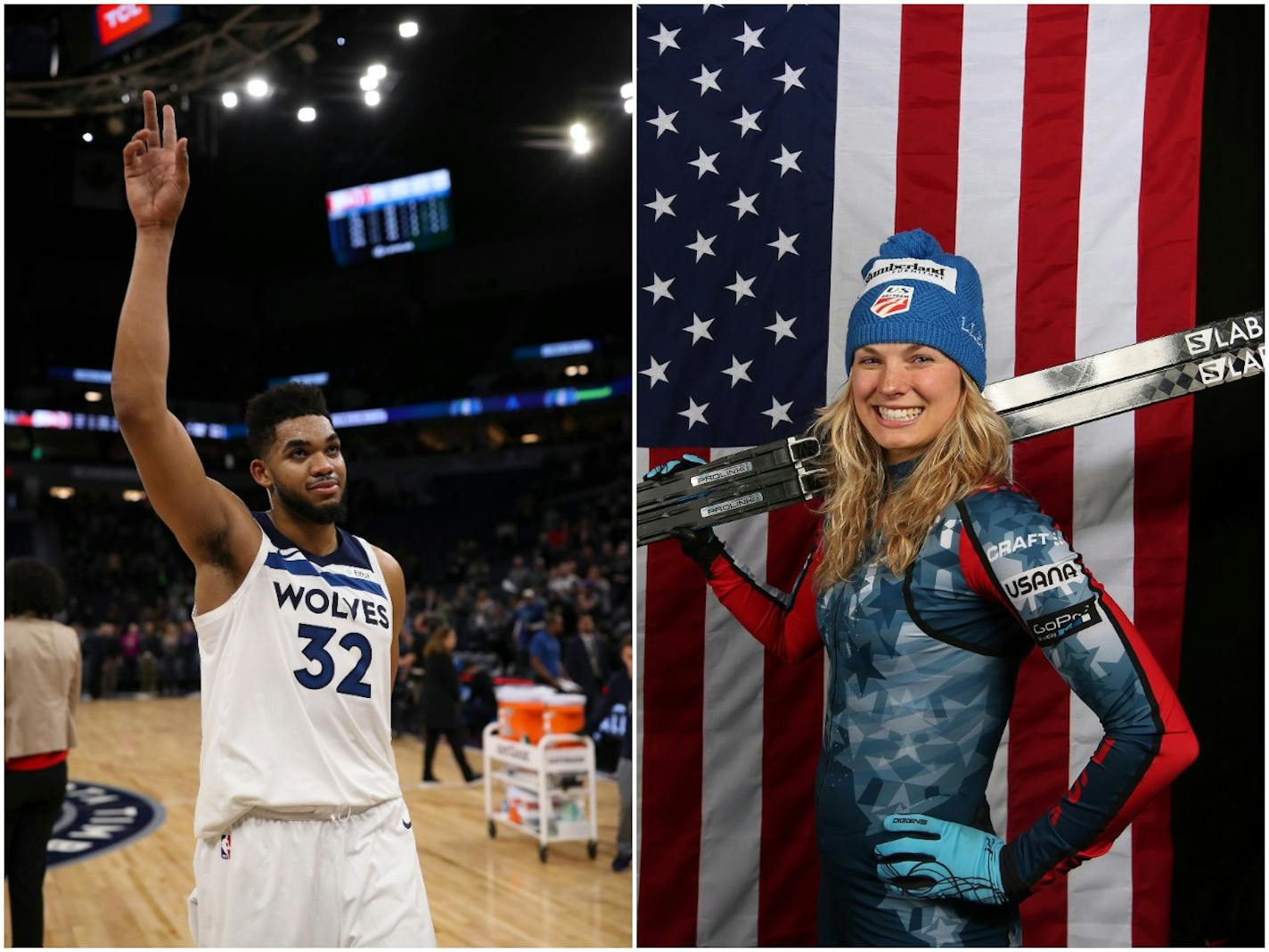 Timberwolves All-Star Karl-Anthony Towns and Olympic gold-medal winner Jessie Diggins