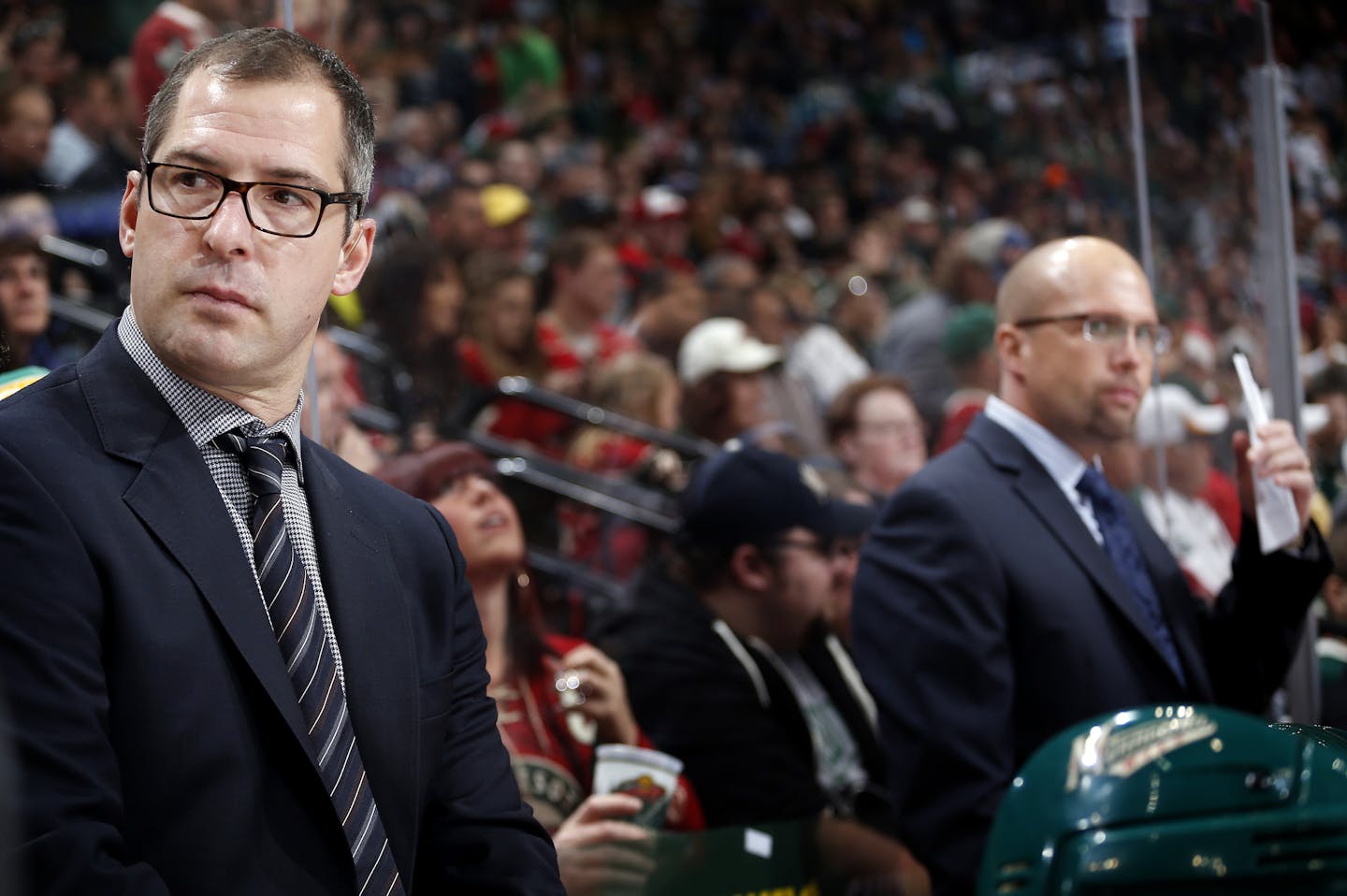 Minnesota Wild assistant coach Darryl Sydor and head coach Mike Yeo. ] CARLOS GONZALEZ cgonzalez@startribune.com - April 10, 2014, St. Paul, Minn., Xcel Energy Center, NHL, Minnesota Wild vs. St. Louis Blues ORG XMIT: MIN1404111105481468