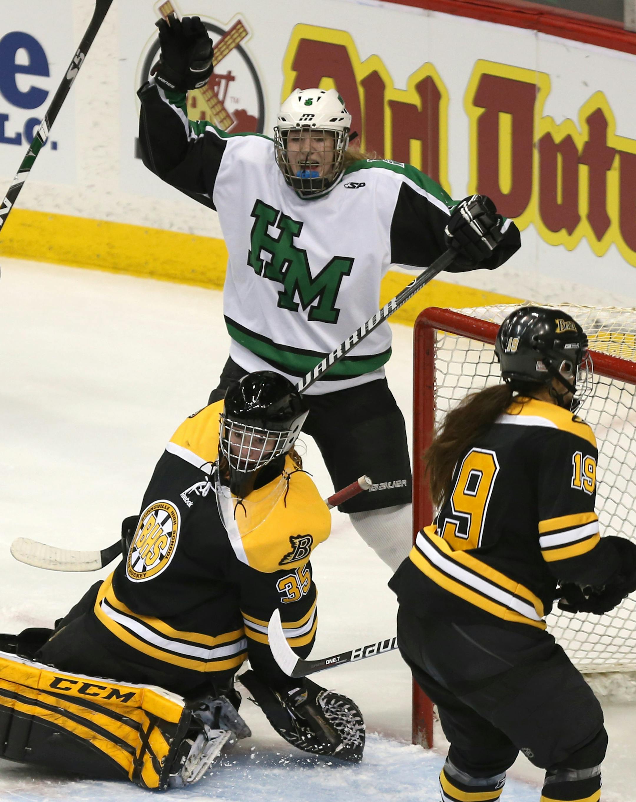 Hill-Murray's Jess Bonfe celebrated scoring the first goal on Burnsville's goalie Lauren Bench during the first period of the 2A quarterfinals at Xcel Energy Center in St. Paul last February 20.
