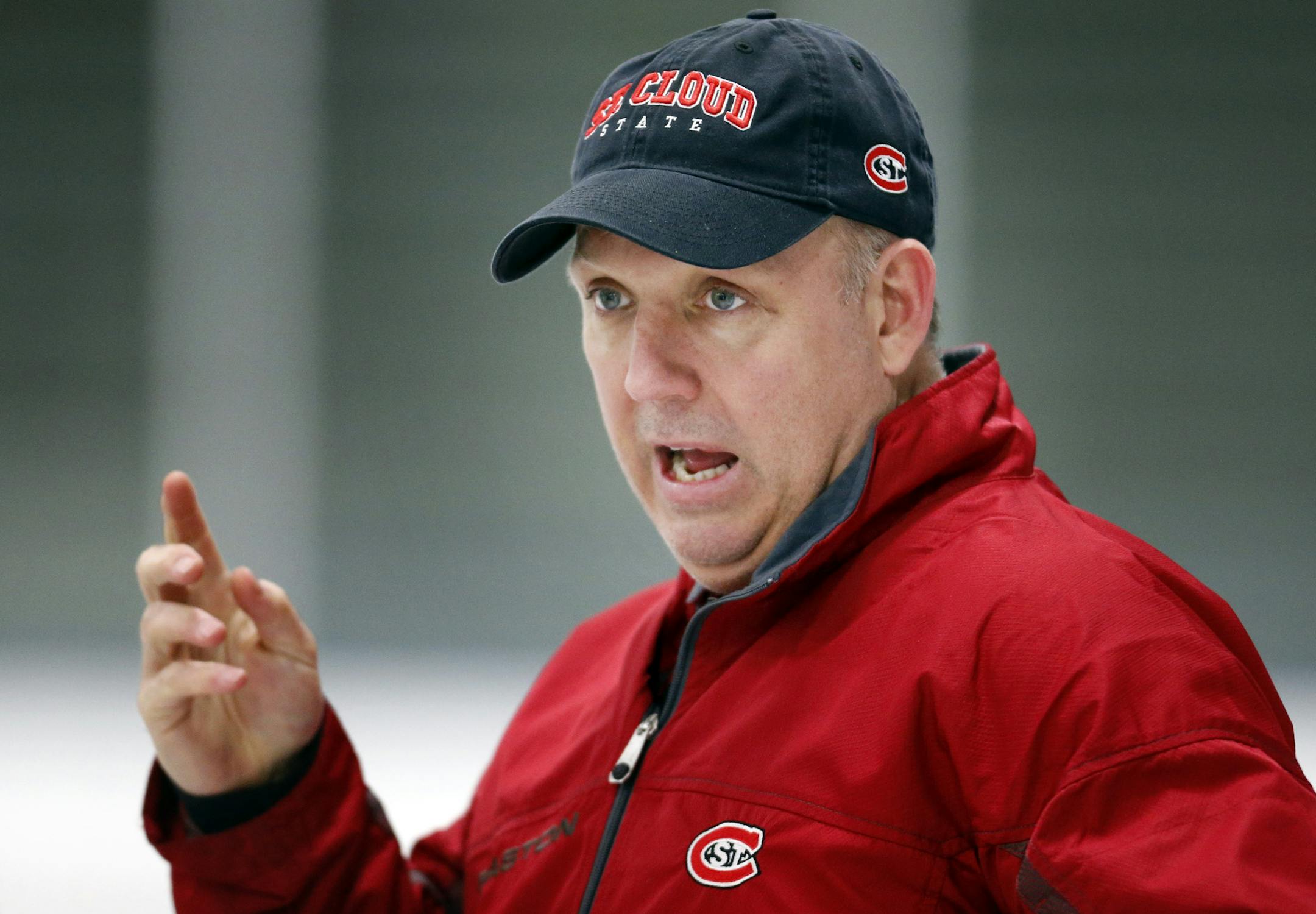 St. Cloud State Huskies head Hockey coach Bob Motzko during practice on Monday. ] CARLOS GONZALEZ cgonzalez@startribune.com April 8, 2013, St. Cloud, Minn., St. Cloud State Huskies Hockey, Drew LeBlanc is the captain of the St. Cloud State hockey team and a finalist for the college player of the year award. After breaking his leg early in the 2011-12 season, he returned for a final year and has been instrumental in the team's run to the Frozen Four.