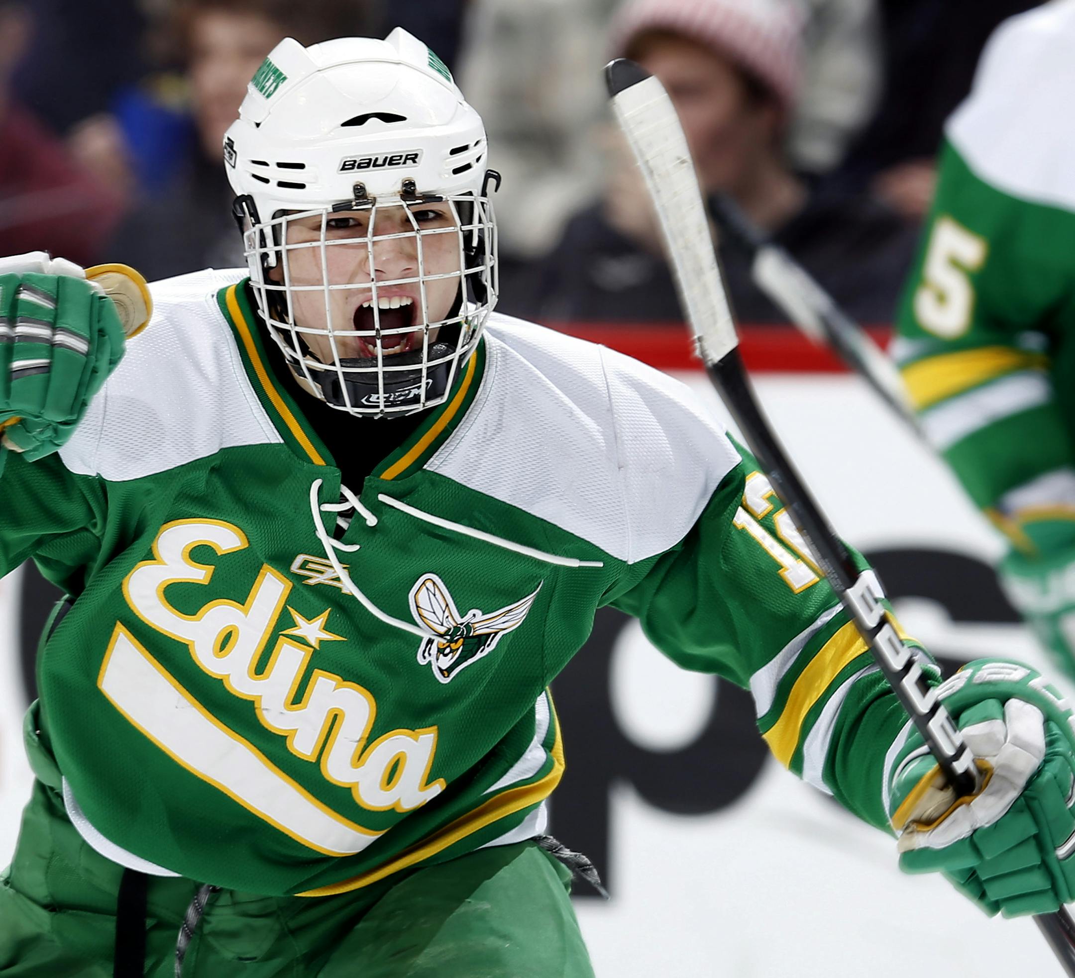 Miguel Fidler (12) of Edina celebrated after scoring a goal in the third period. Edina beat Duluth East by a final score of 3-2. ] CARLOS GONZALEZ cgonzalez@startribune.com - March 8, 2013, St. Paul, Minn., Xcel Energy Center, Minnesota High School Boys State Hockey, 2A Semi Finals, Edina vs. Duluth East