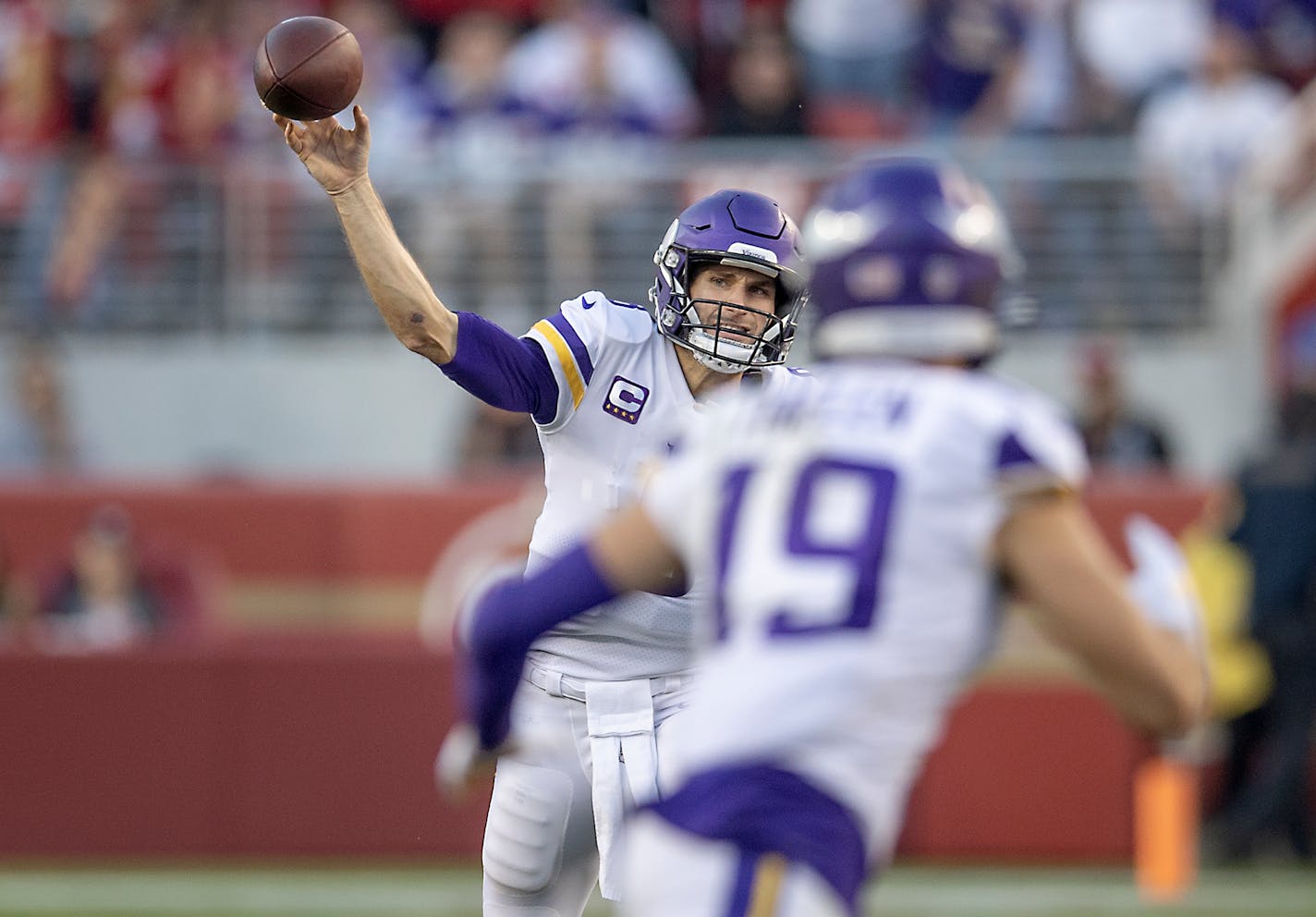 Vikings quarterback Kirk Cousins (8) looked to pass to Vikings wide receiver Adam Thielen (9) in the fourth quarter, Sunday, November 28, 2021 in Santa Clara, CA. The San Francisco 49ers hosted the Minnesota Vikings at Levi's Stadium. ] ELIZABETH FLORES • liz.flores@startribune.com