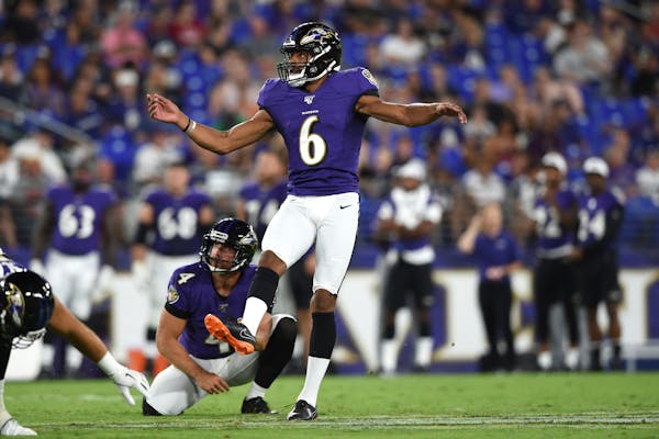 Baltimore Ravens kicker Kaare Vedvik (6) kicks a field goal against the Jacksonville Jaguars during the first half of an NFL football preseason game, 