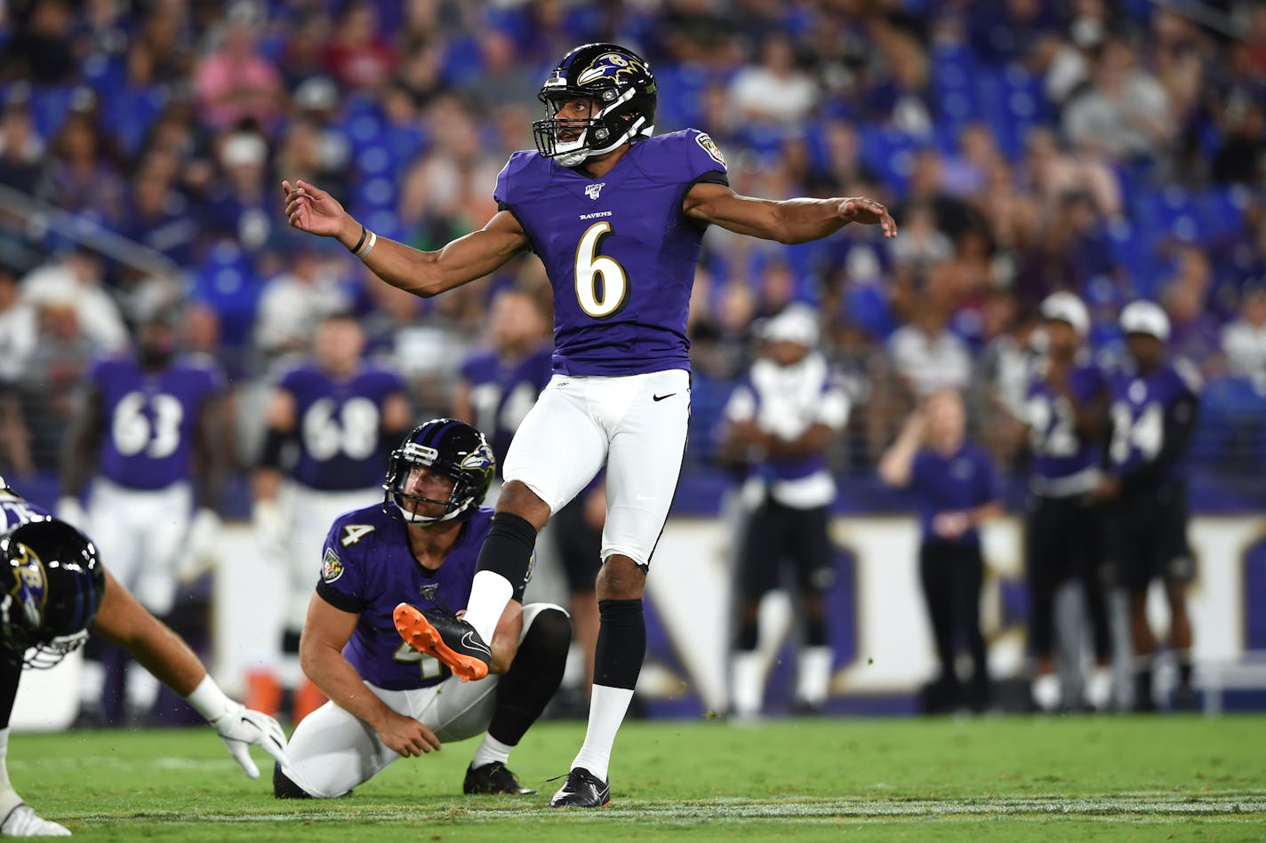 Baltimore Ravens kicker Kaare Vedvik (6) kicks a field goal against the Jacksonville Jaguars during the first half of an NFL football preseason game, Thursday, Aug. 8, 2019, in Baltimore. (AP Photo/Gail Burton)