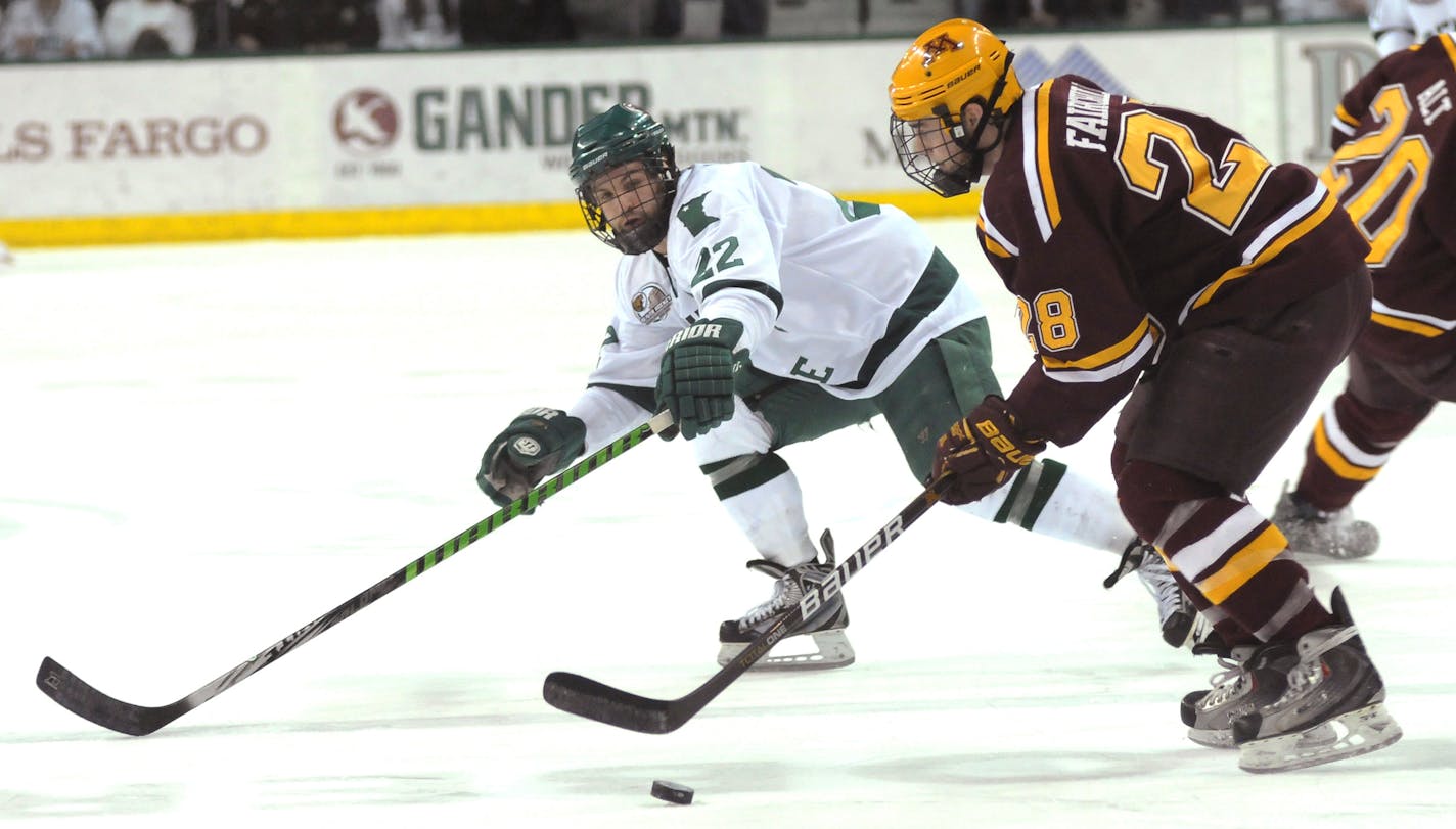 Minnesota's Cade Fairchild, right, works to keep the puck away from Bemidji State's Ian Lowe during the first period of a Western Collegiate Hockey Association game Saturday, March 5, 2011, in Bemidji, Minn. (AP Photo/Bemidji Pioneer, Eric Stromgren) ** MANDATORY CREDIT **