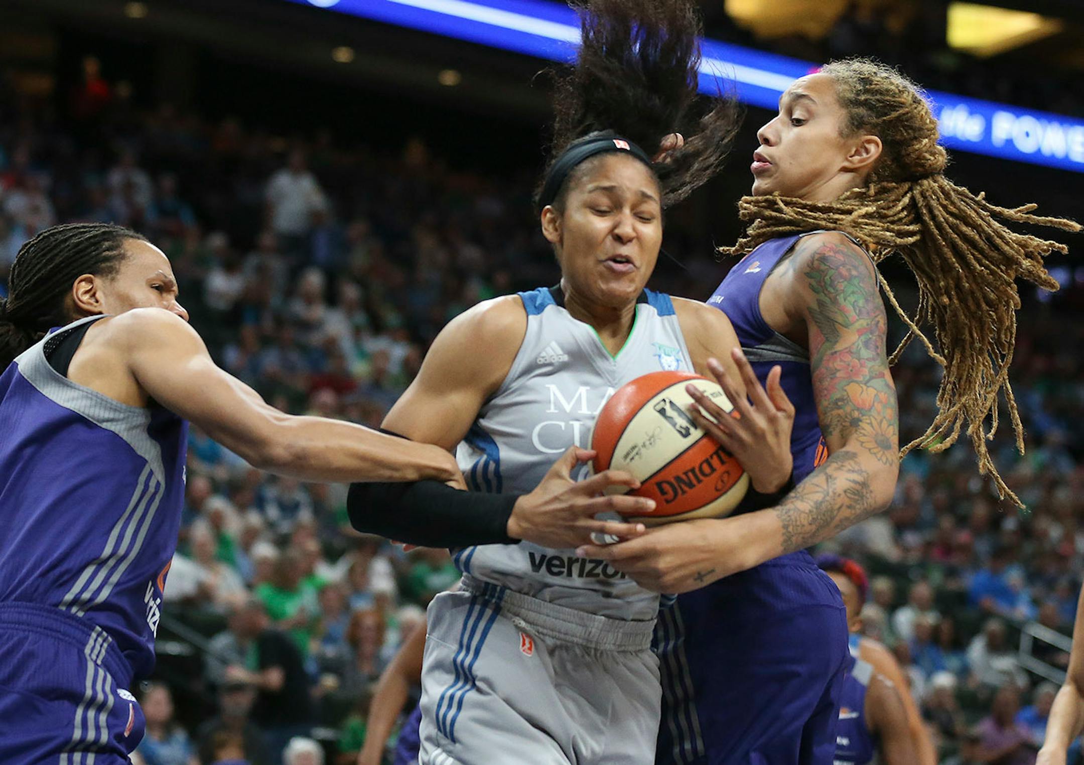 Minnesota Lynx forward Maya Moore (23) was fouled in the first half by Phoenix Mercury forward Monique Currie (25) left at Xcel Energy Center on Tuesday August 22,2017 in St. Paul, MN.