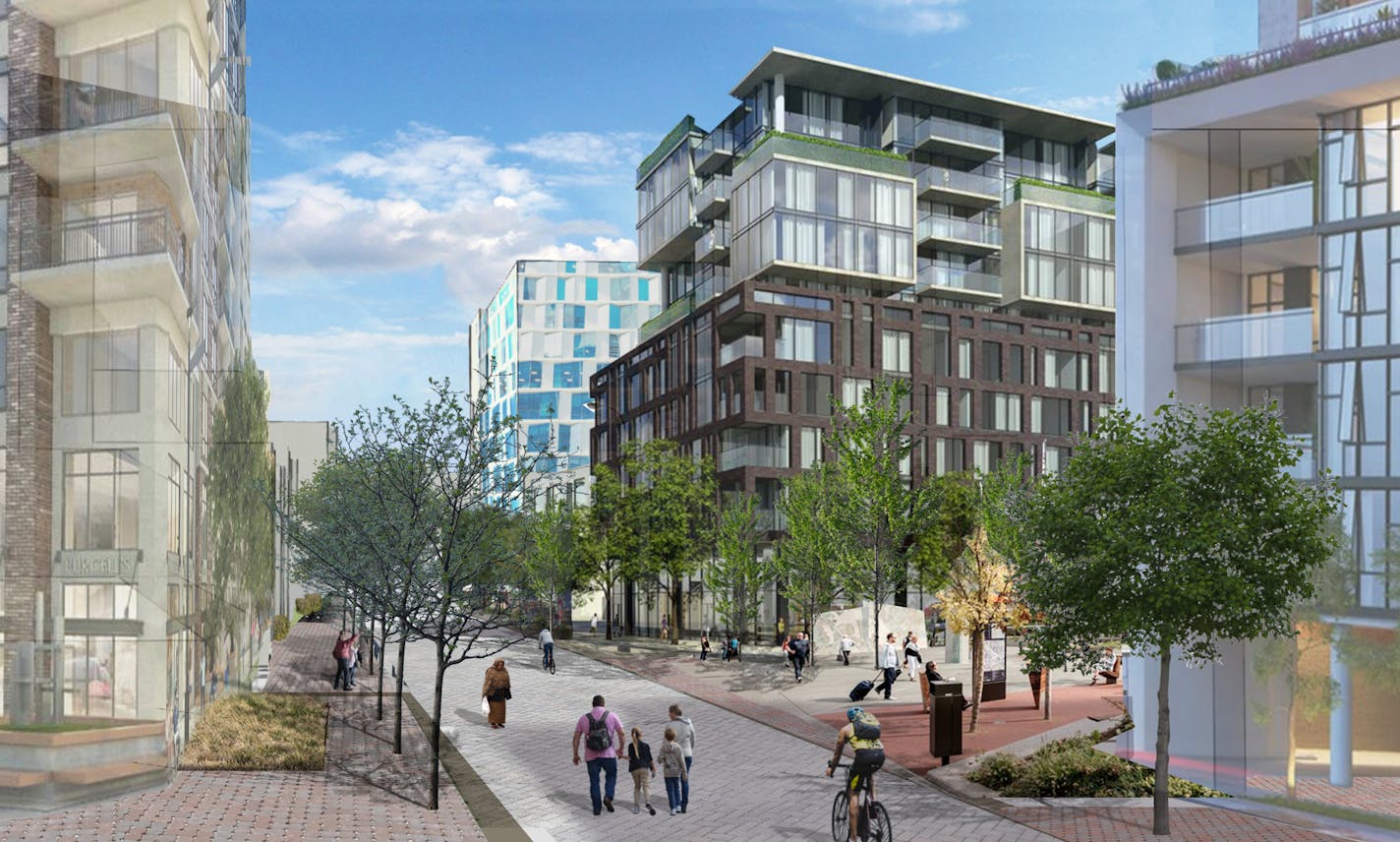 A conceptual rendering, provided by the city of St. Paul, of what the highest density area of the Ford site could look like after redevelopment.