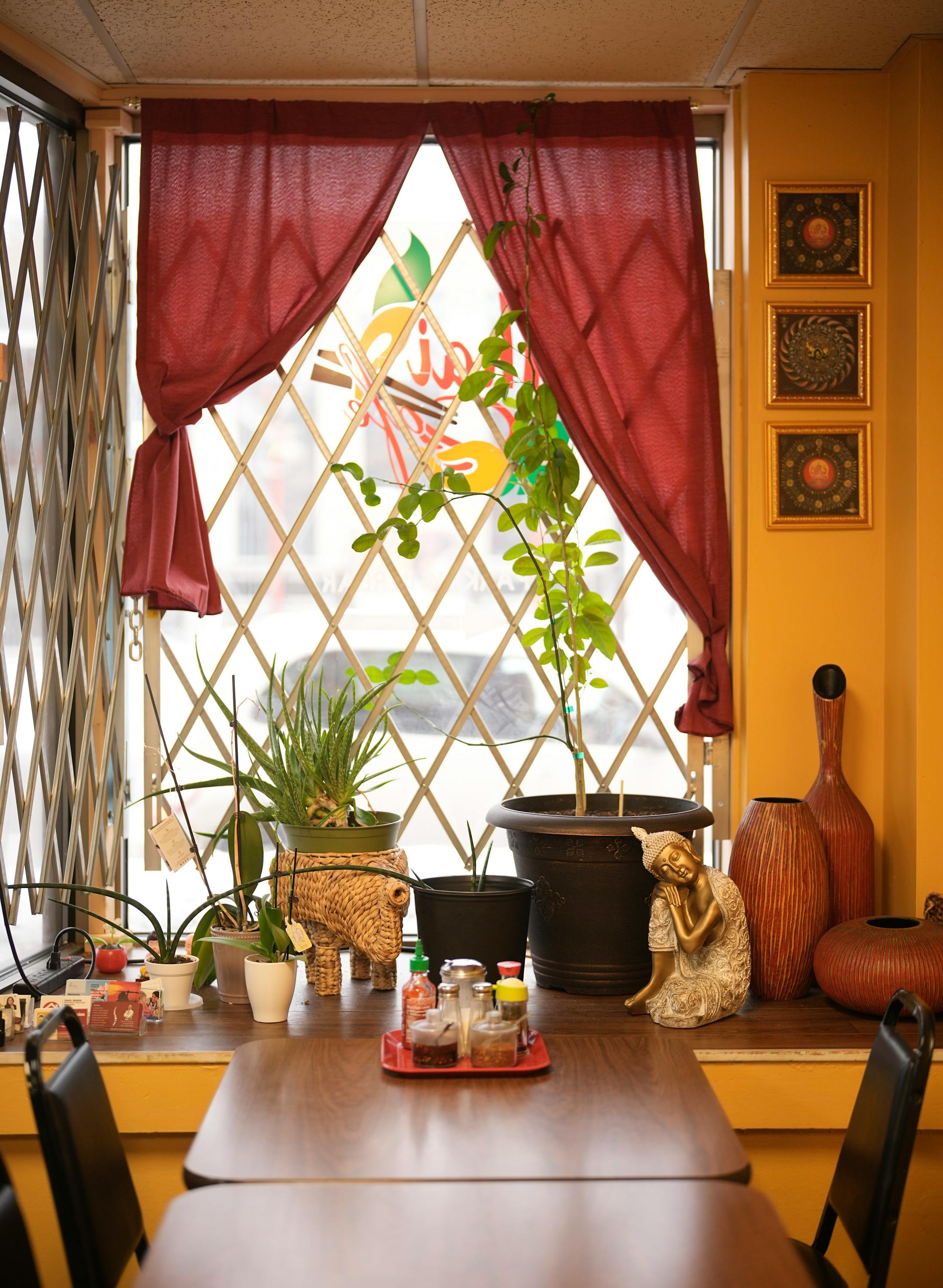 The display in the window of the dining area at Thai Cafe in St. Paul.