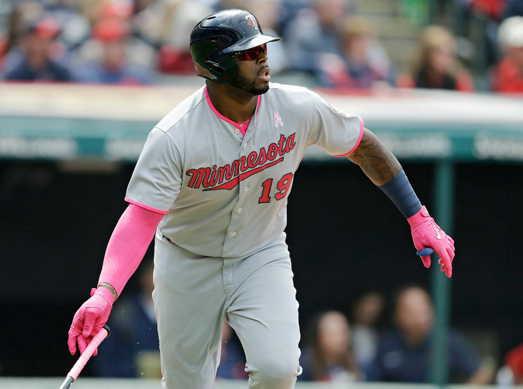 Minnesota Twins' Kennys Vargas watches his ball after hitting a two-run double off Cleveland Indians starting pitcher Trevor Bauer in the sixth inning of a baseball game, Sunday, May 14, 2017, in Cleveland. Joe Mauer and Miguel Sano scored on the play.