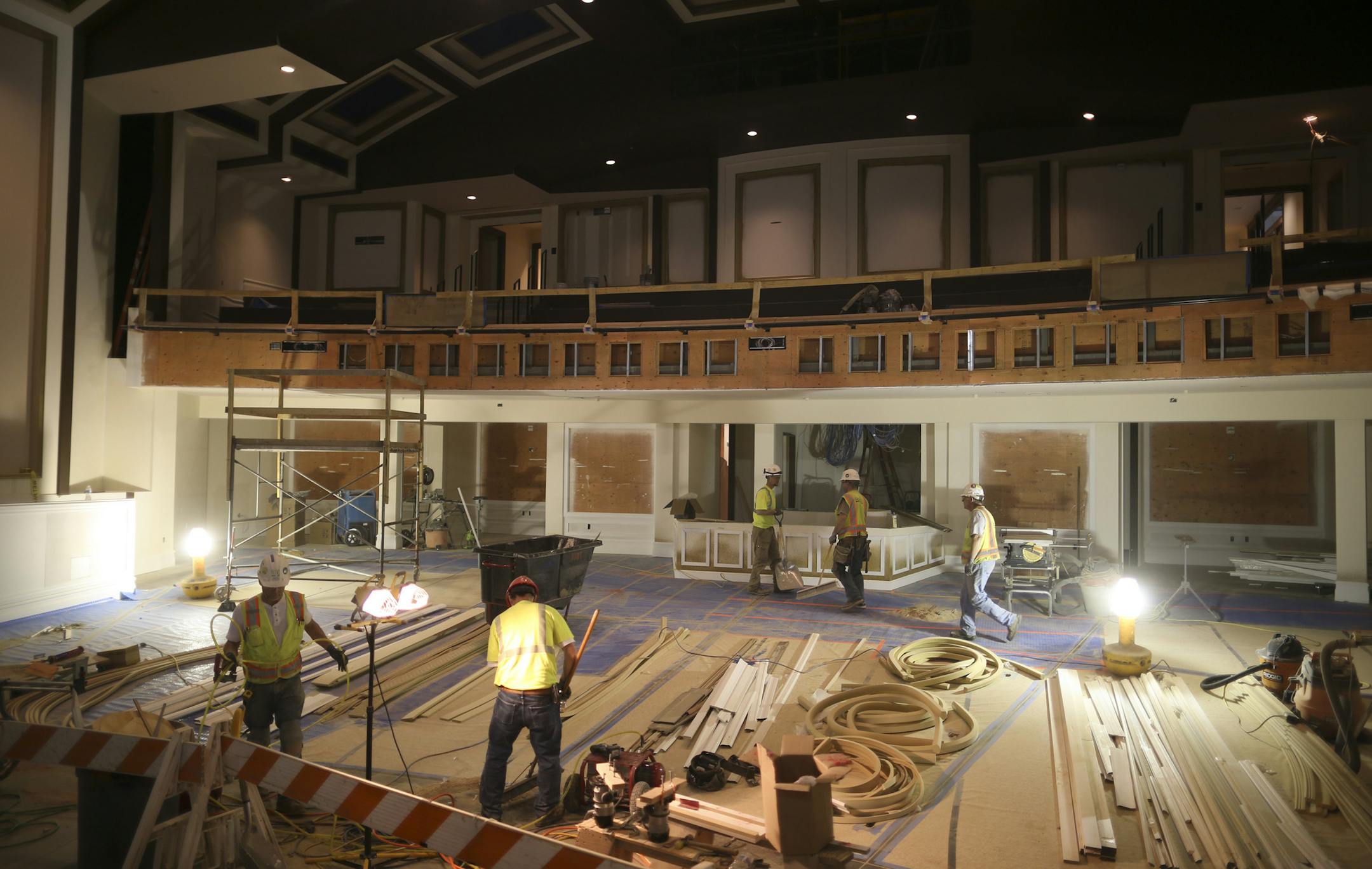 Construction workers in the 425-seat auditorium being built at the Heritage Center Wednesday afternoon. ] JEFF WHEELER ï jeff.wheeler@startribune.com The Minnesota Masonic Home in Bloomington has nearly completed an addition, which will be known as the Minnesota Masonic Heritage Center. Keir Johnson, Director of the Heritage Center, led a tour of the construction Wednesday afternoon, May 11, 2016.