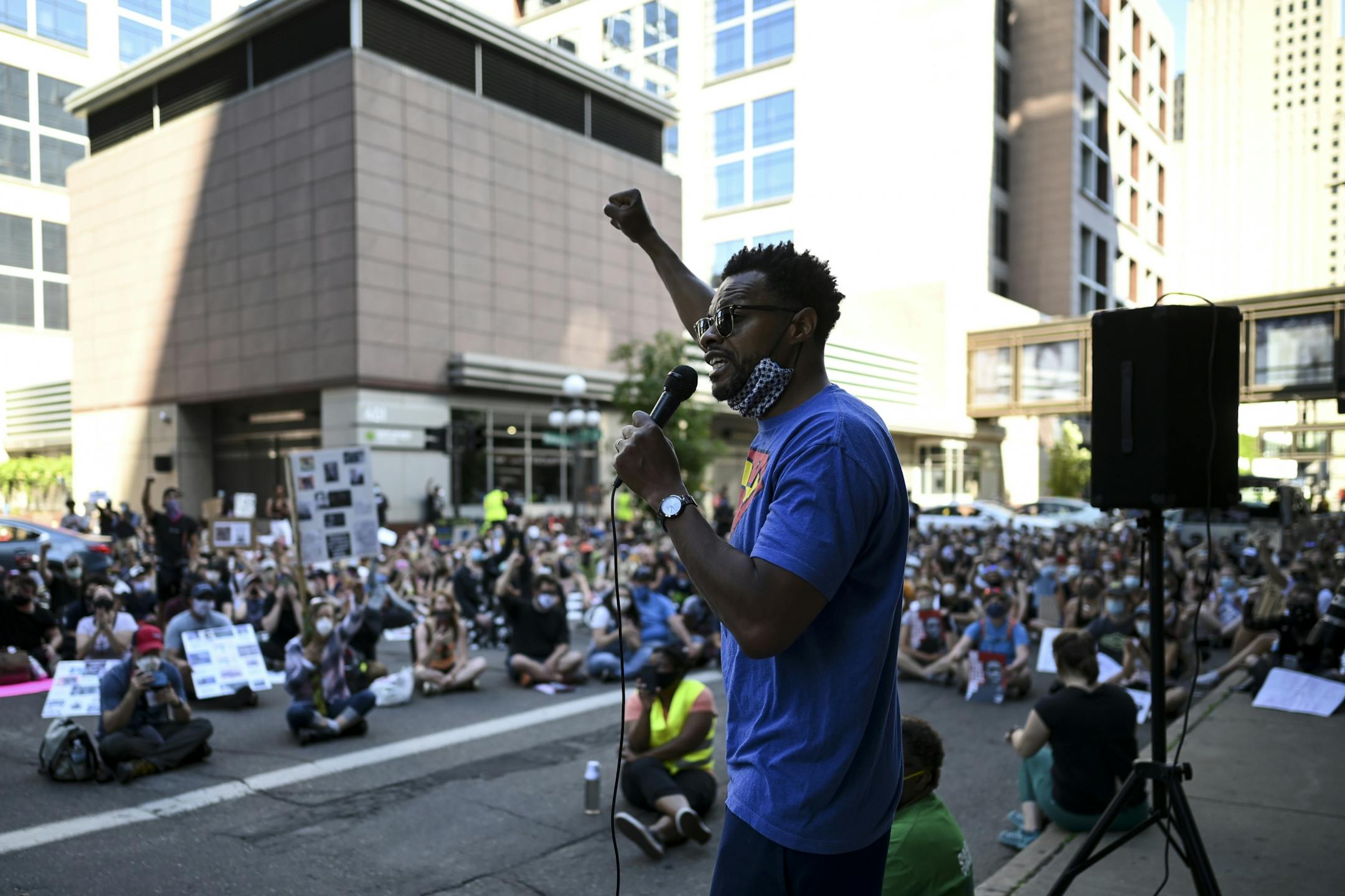 Marques Armstrong, of the Racial Justice Network, spoke to the more than a thousand protesters outside Minnesota Attorney General Keith Ellison's office in downtown St. Paul Friday night.