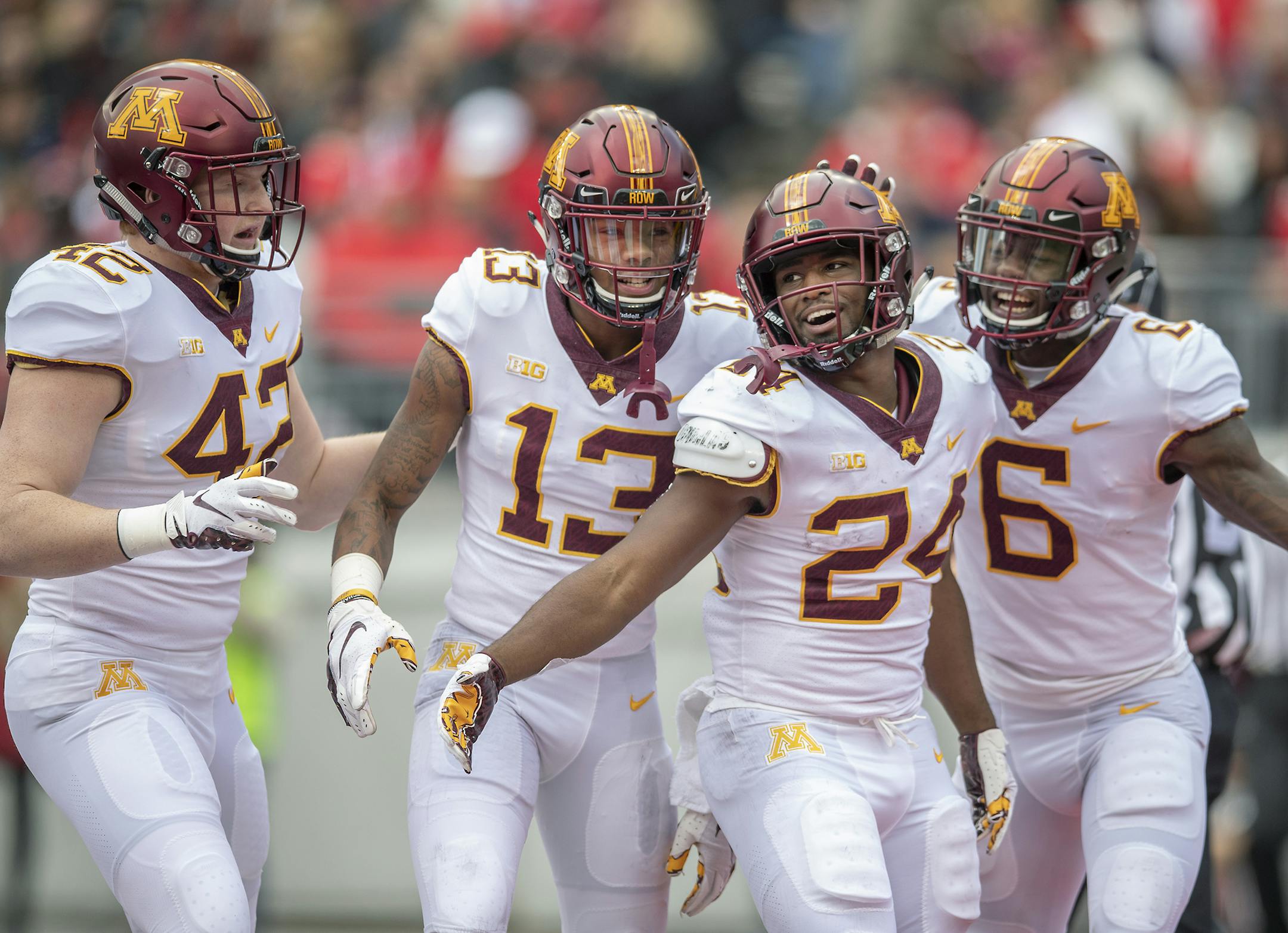 Minnesota's running back Mohamed Ibrahim celebrated a touchdown during the first quarter as Minnesota took on Ohio State at Ohio Stadium, Saturday, October 13, 2018 in Columbus, OH. ] ELIZABETH FLORES ï liz.flores@startribune.com
