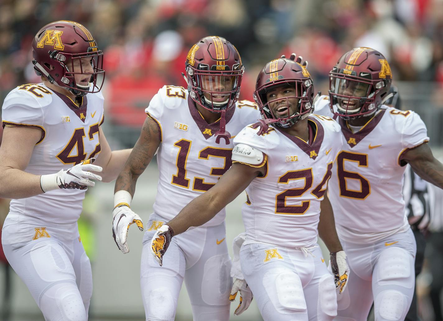 Minnesota's running back Mohamed Ibrahim celebrated a touchdown during the first quarter as Minnesota took on Ohio State at Ohio Stadium, Saturday, October 13, 2018 in Columbus, OH. ] ELIZABETH FLORES &#xef; liz.flores@startribune.com