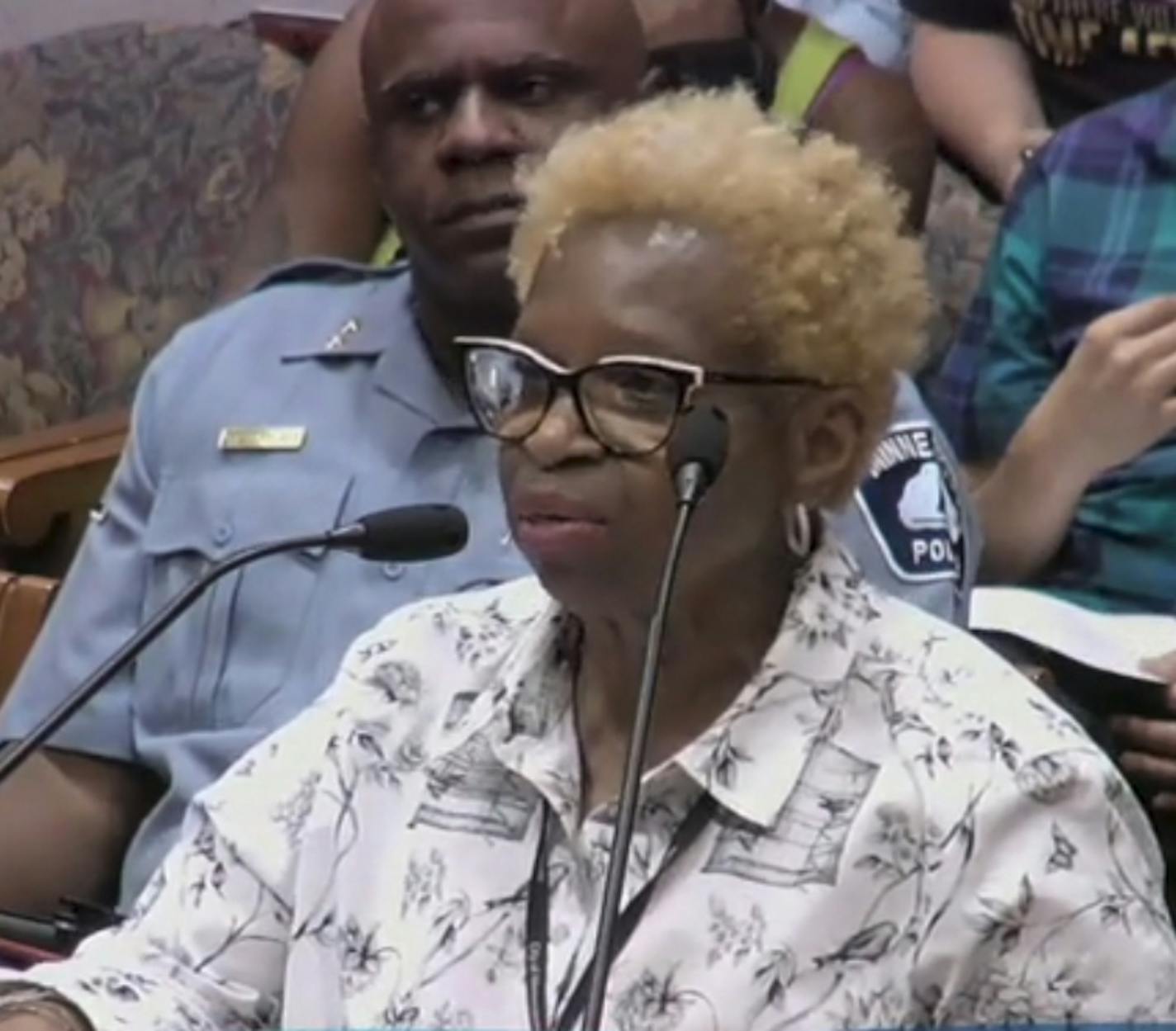 During a Minneapolis City Council meeting Rowena Holmes was interrupted several times by people in the audience as she discussed the Thurman Blevins' killing. Video screengrab City of Minneapolis.