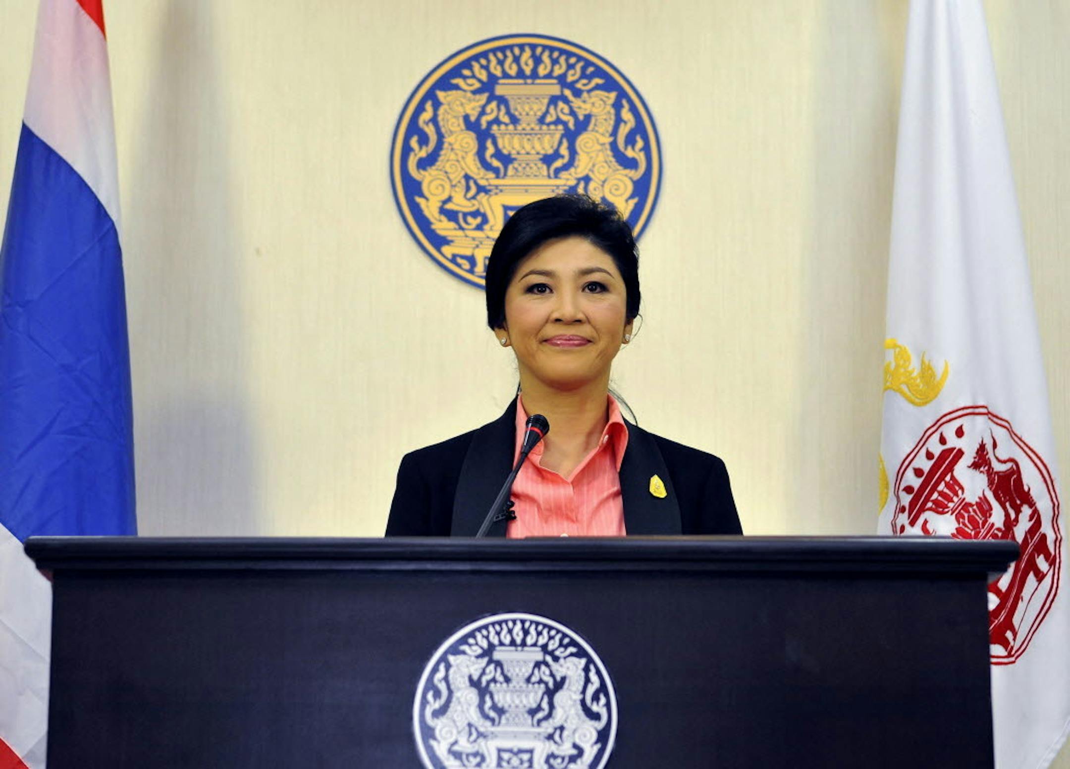 Thailand's Prime Minister Yingluck Shinawatra speaks on Thai TV on Monday, Dec. 9, 2013, in Bangkok, Thailand.