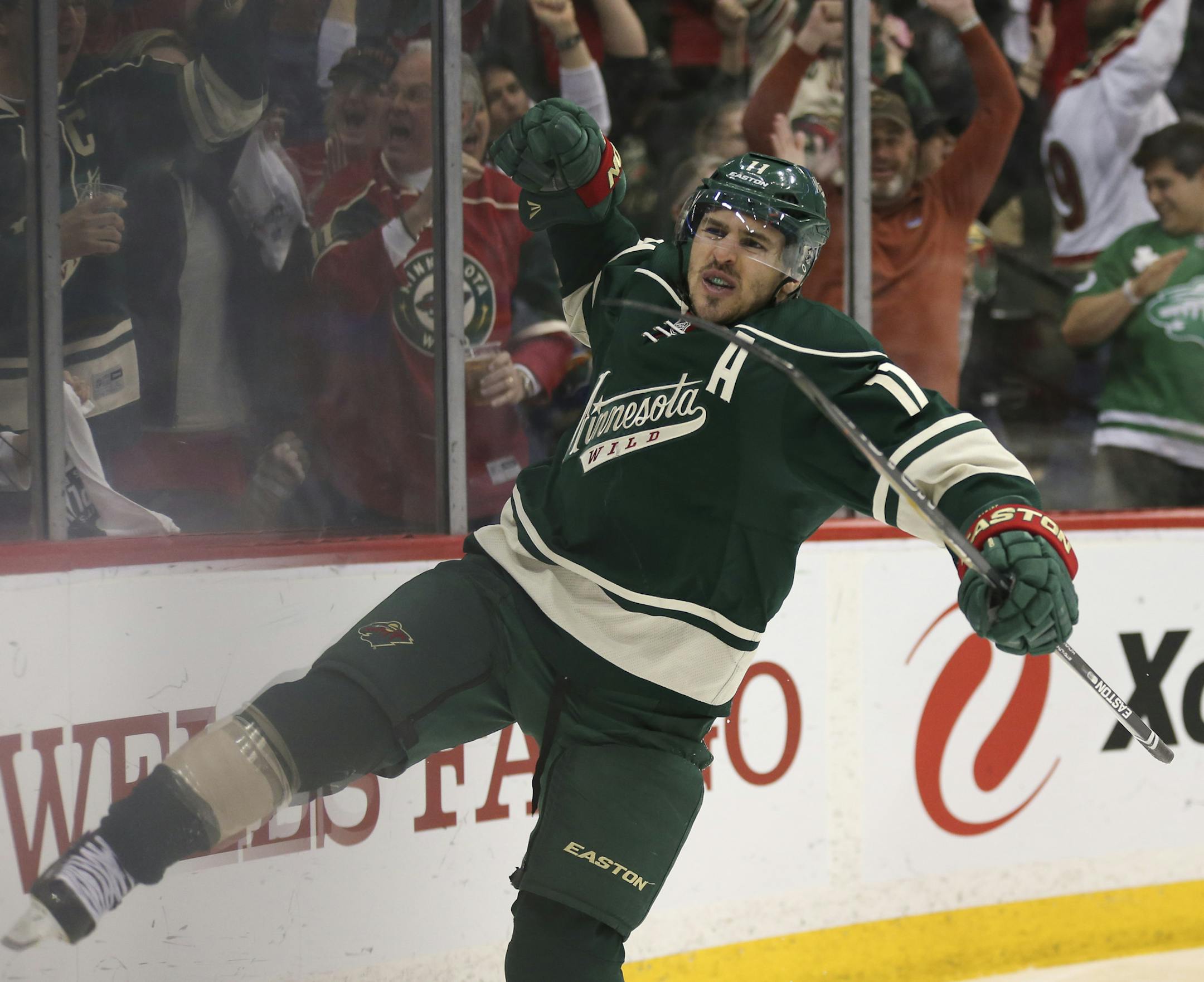 Minnesota Wild left wing Zach Parise (11) celebrated his third period goal and second of the game Sunday afternoon. ] JEFF WHEELER ï jeff.wheeler@startribune.com The Minnesota Wild beat the St. Louis Blues 4-1 in game 6 to win their NHL playoff series Sunday afternoon, April 26, 2015 at Xcel Energy Center in St. Paul.
