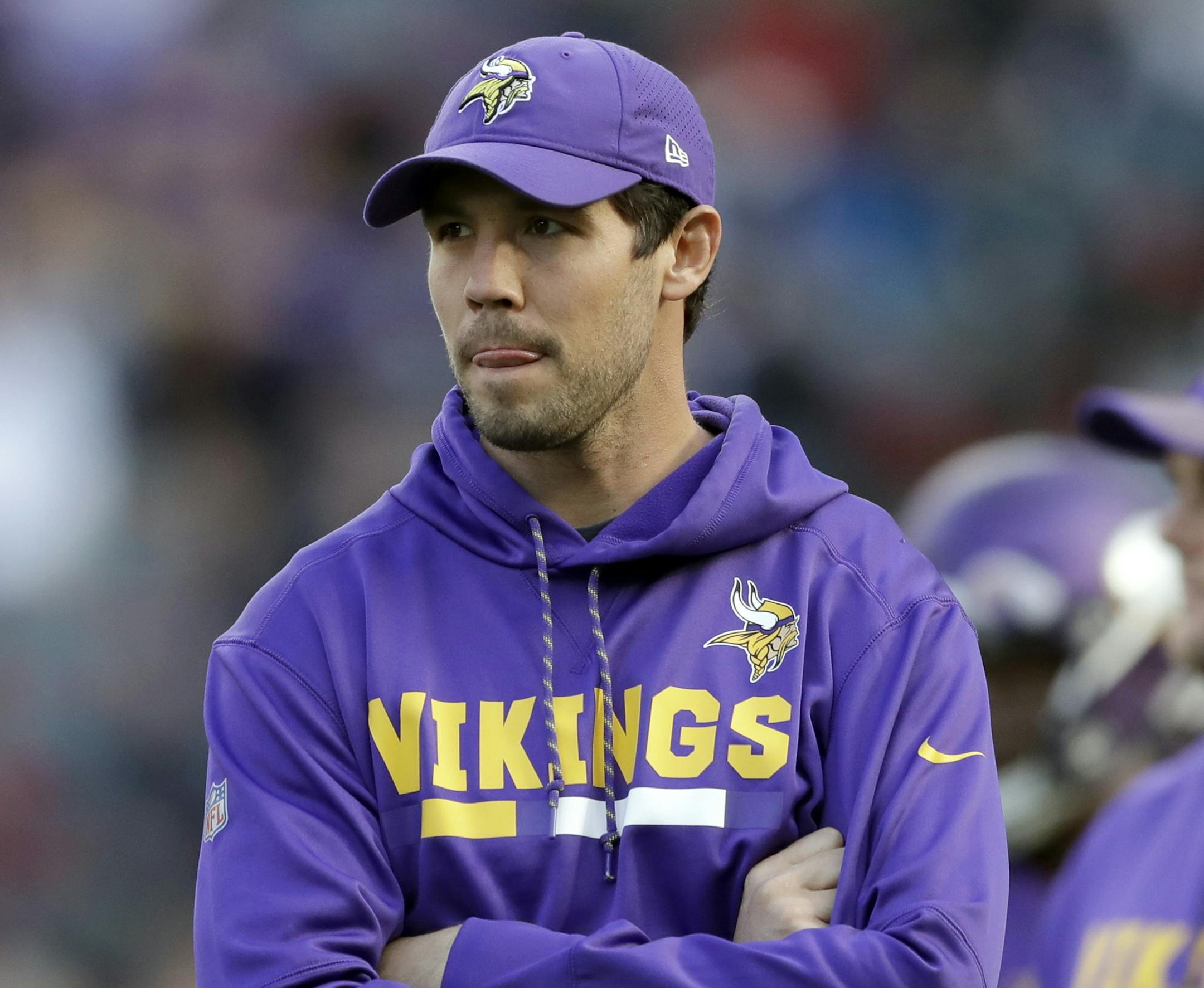 FILE - In this Oct. 29, 2017, file photo, Minnesota Vikings quarterback Sam Bradford stands on the field before an NFL football game against Cleveland Browns at Twickenham Stadium in London. The Vikings have activated Bradford from injured reserve, putting their original starter this season on the roster before their first playoff game against New Orleans. (AP Photo/Matt Dunham, File) ORG XMIT: MIN2018011820124436