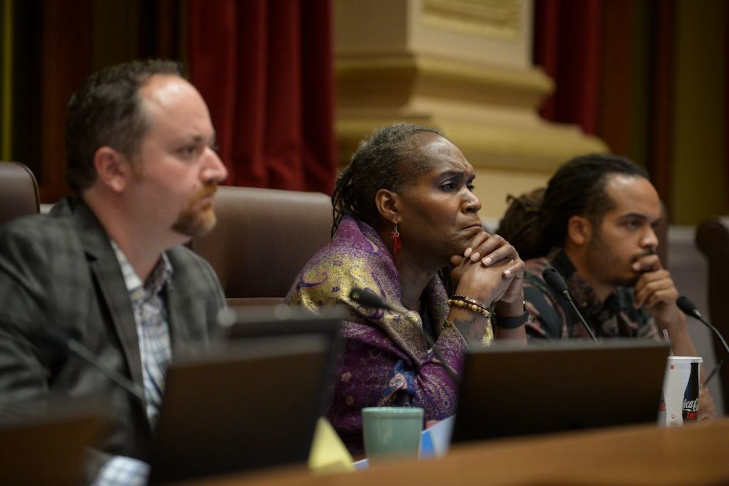 From left, Minneapolis City Council Members Steve Fletcher, Andrea Jenkins and Jeremiah Ellison during a public safety meeting last year.