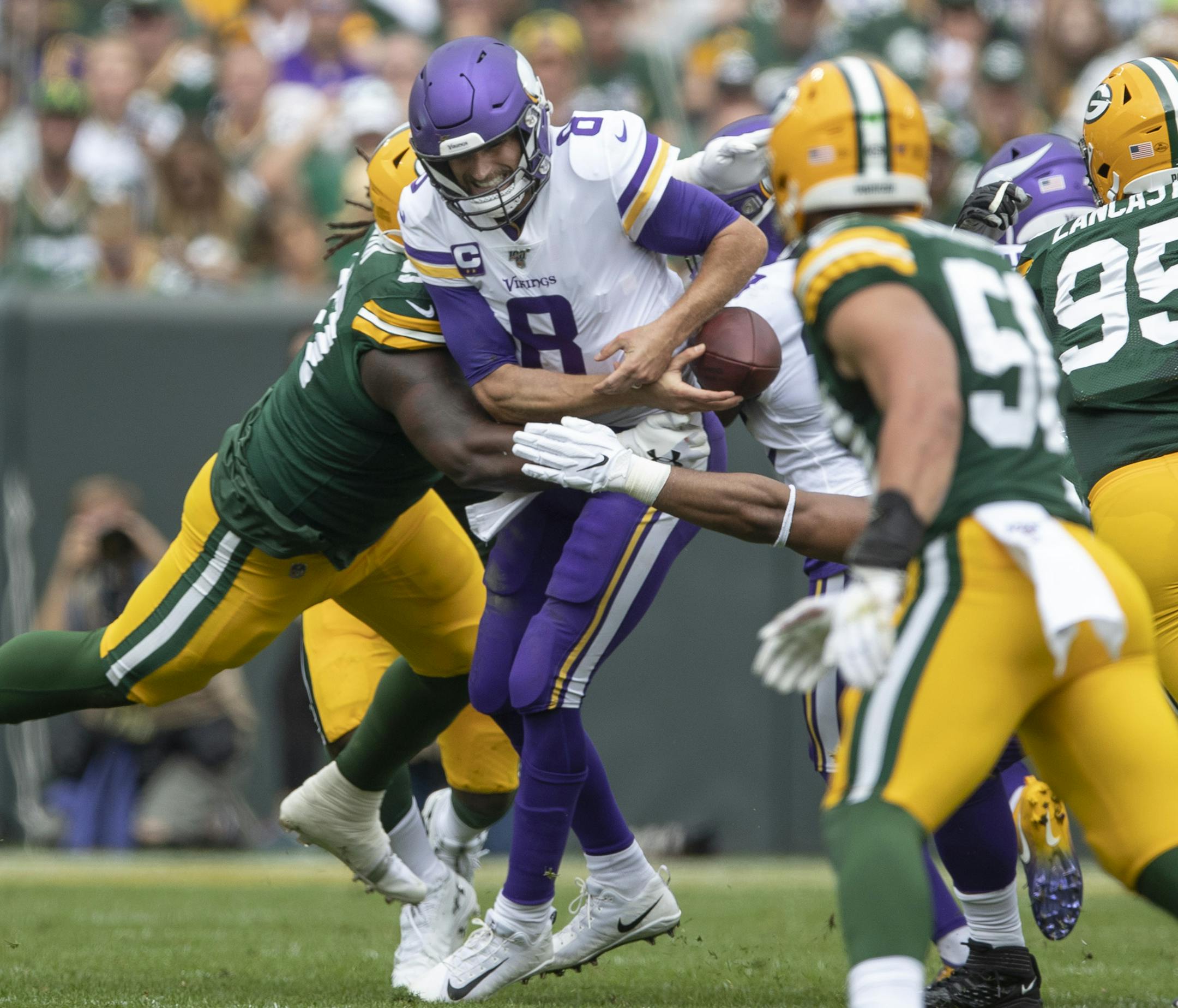Minnesota Vikings quarterback Kirk Cousins (8) fumbled the the ball in the second quarter at Lambeau Field. ] Jerry Holt • Jerry.holt@startribune.com
The Minnesota Vikings played the Green Bay Packers Sept. 15, 2019 at Lambeau Field in Green Bay, Wisconsin. Jerry Holt