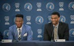 Wolves rookies Josh Okogie (left) and Keita Bates-Diop, shown after being drafted in June, have not seen the floor in the season's first two games.