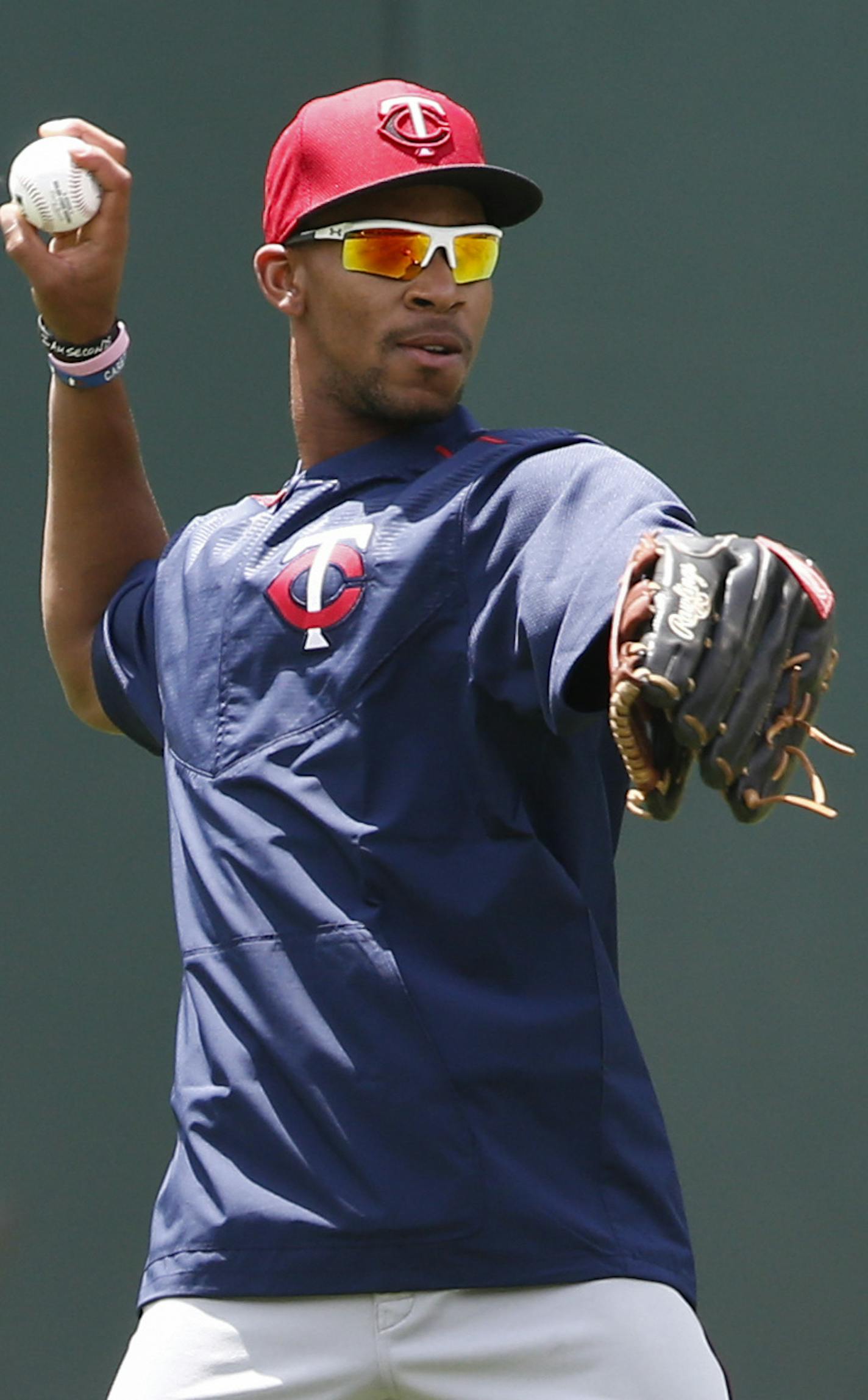 Minnesota Twins' Byron Buxton throws during warmups before a baseball game against the Texas Rangers, Sunday, June 14, 2015, in Arlington, Texas. (AP Photo/Jim Cowsert)