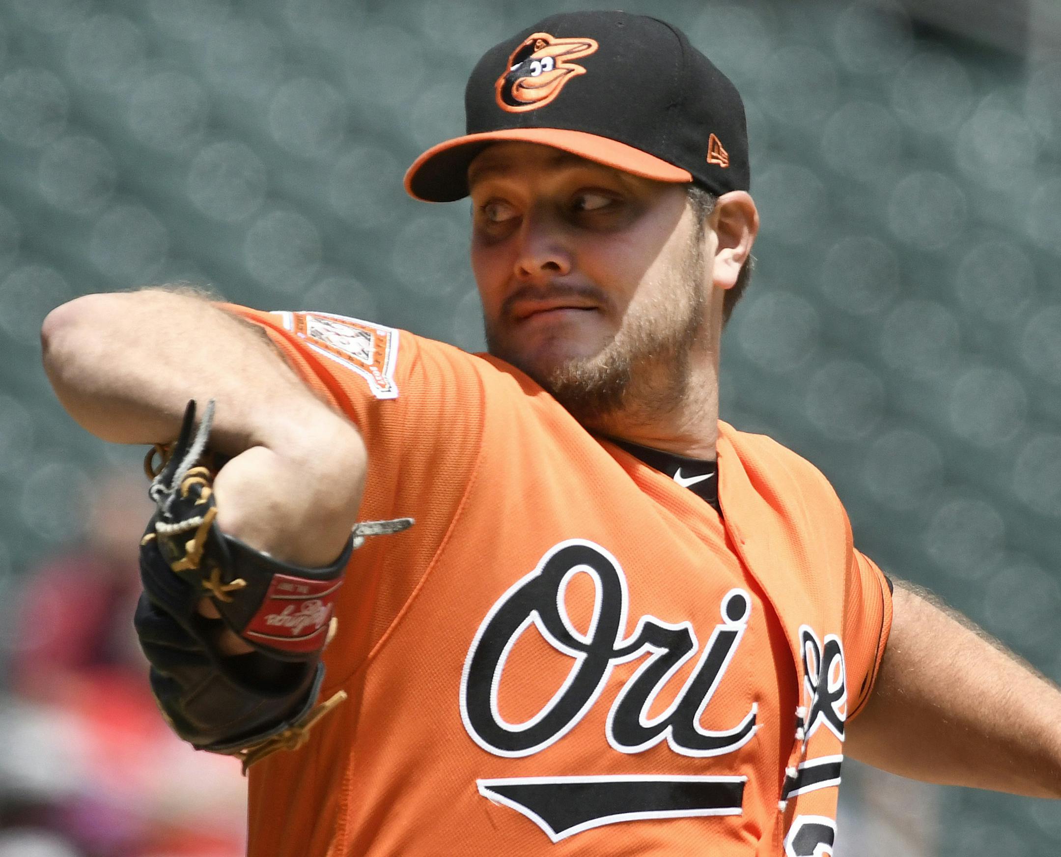 Baltimore Orioles pitcher Wade Miley throws against the Minnesota Twins in the first inning, Saturday, July 8, 2017, in Minneapolis. (AP Photo/Tom Olmscheid)