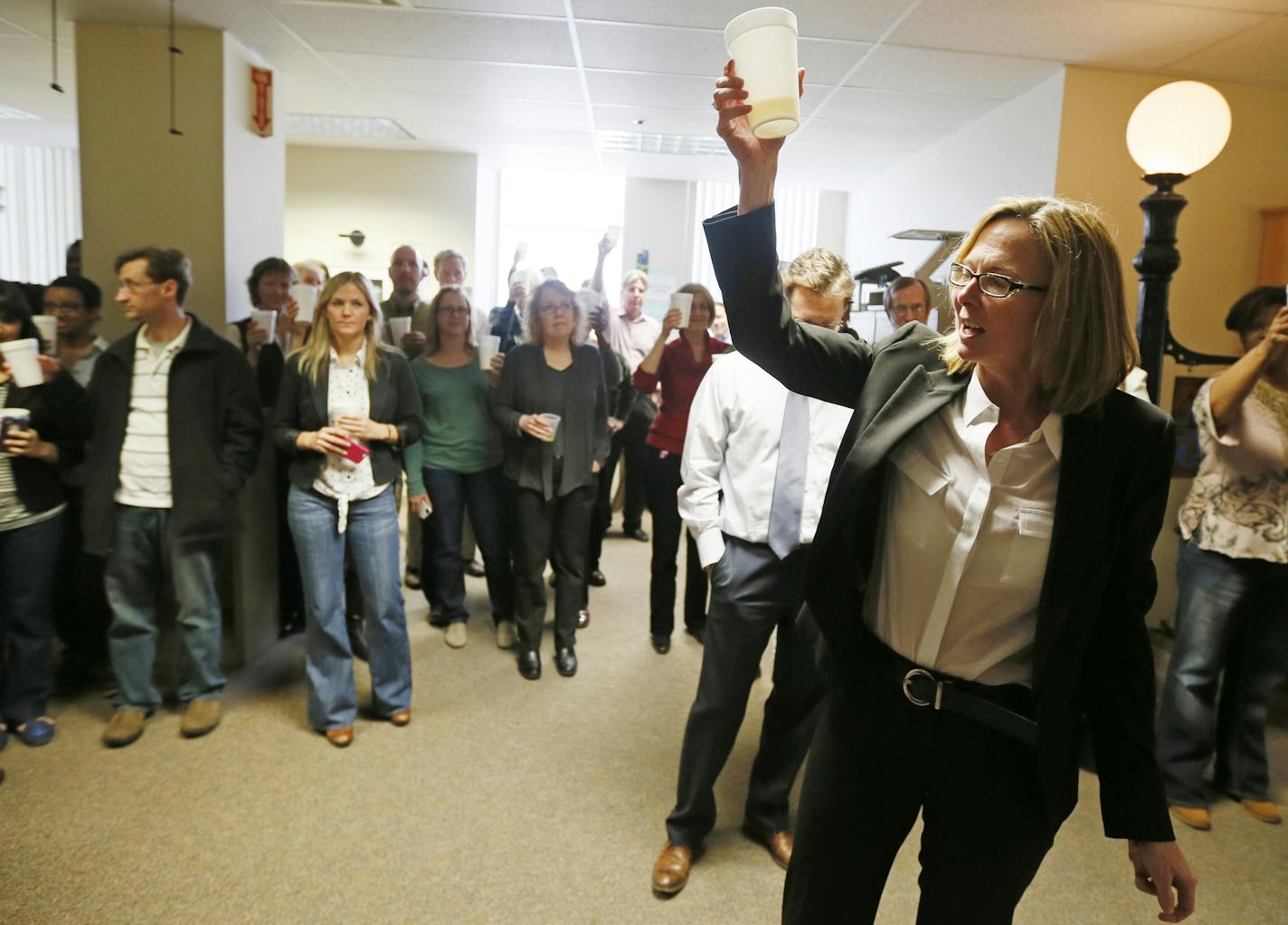 Nancy Barnes ,Star Tribune editor gave a toast to Star Tribune reporters Brade Schrade, Jeremy Olson and Glenn Howatt along with editorial cartoonist Steve Sack. The newspaper won two Pulitzer Prizes Monday April, 15, 2013 in Minneapolis, MN. ] JERRY HOLT &#x201a;&#xc4;&#xa2; jerry.holt@startribune.com