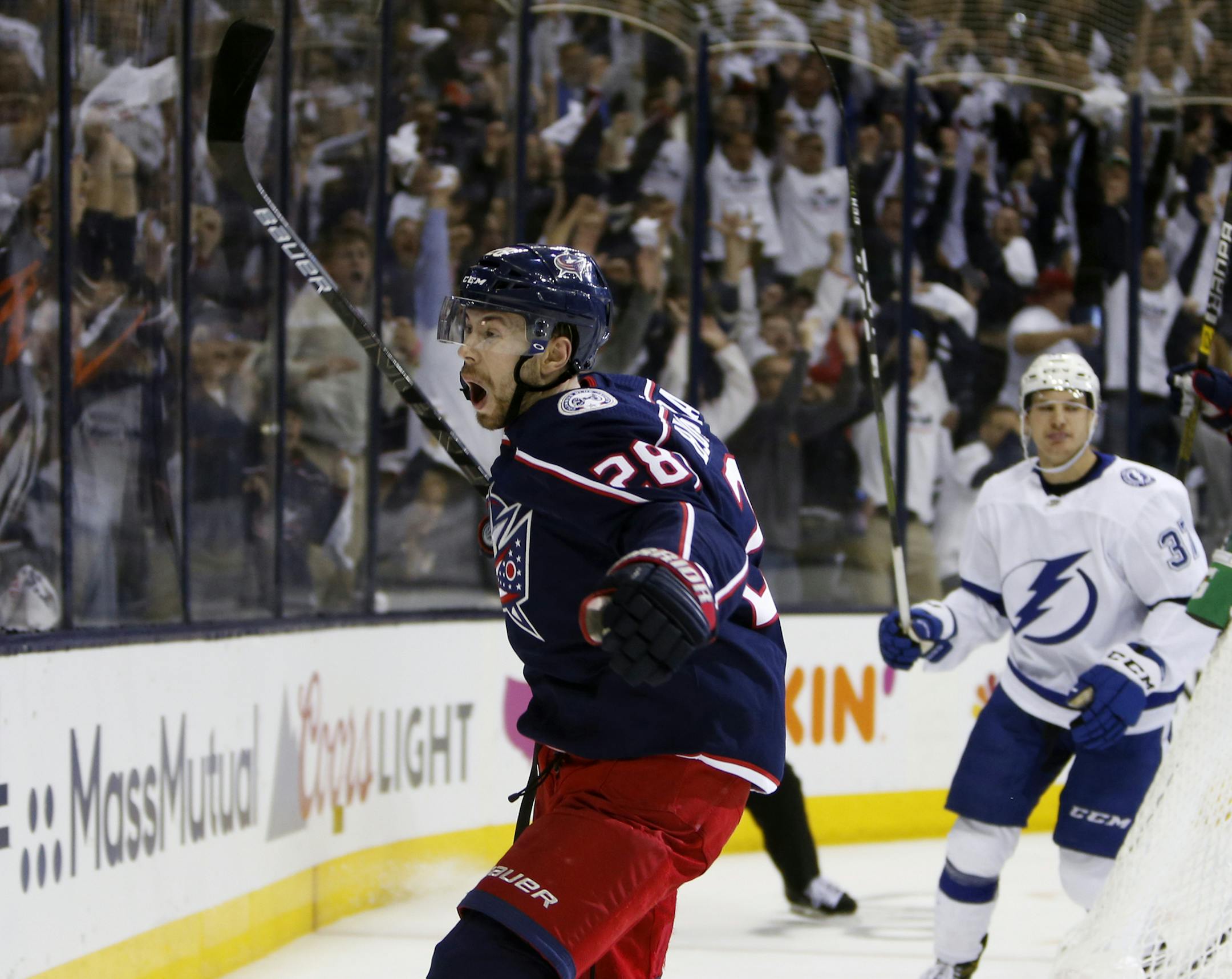 Columbus Blue Jackets' Oliver Bjorkstrand, of Denmark, celebrates his goal against the Tampa Bay Lightning during the second period of Game 4 of an NHL hockey first-round playoff series, Tuesday, April 16, 2019, in Columbus, Ohio. (AP Photo/Jay LaPrete)