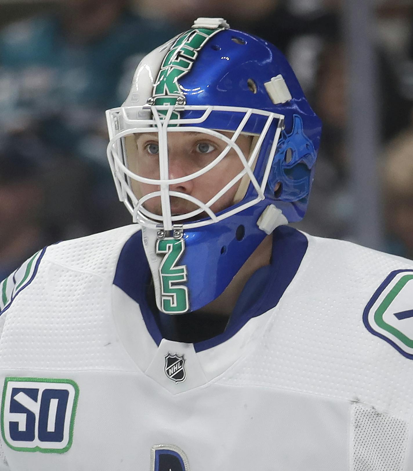 Vancouver Canucks goaltender Jacob Markstrom (25) against the San Jose Sharks during an NHL hockey game in San Jose, Calif., Saturday, Dec. 14, 2019. (AP Photo/Jeff Chiu) ORG XMIT: SJA