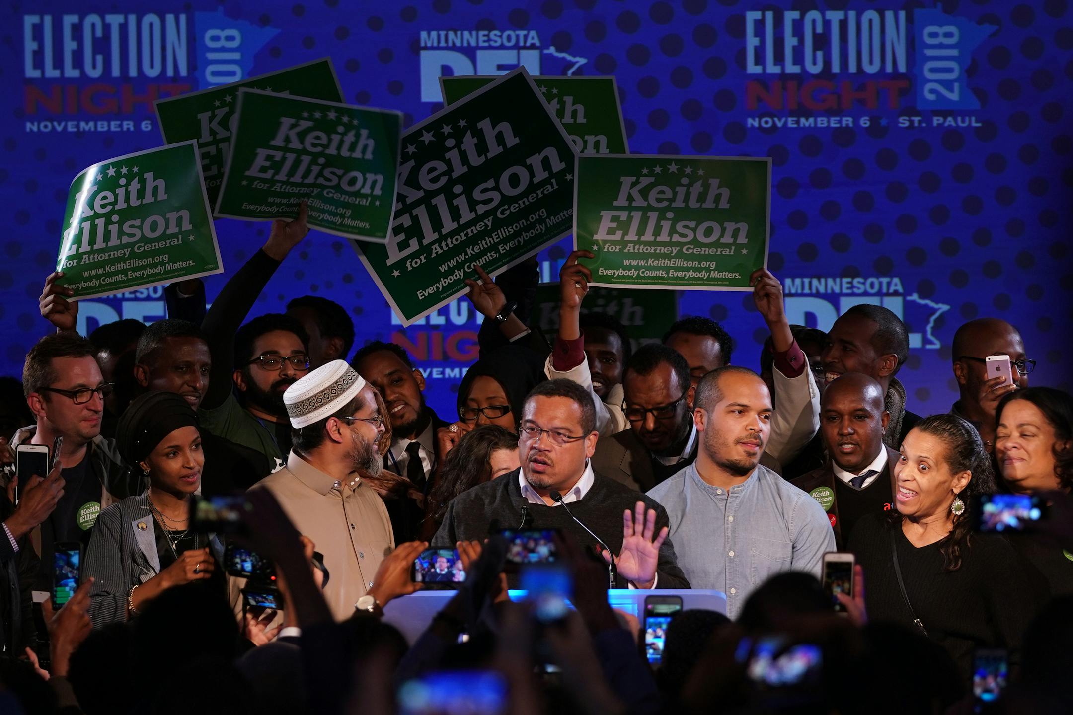 Attorney General Elect Keith Ellison gave a victory speech Tuesday evening. ] ANTHONY SOUFFLE � anthony.souffle@startribune.com Democratic-Farmer-Labor Party candidates, officials, and supporters gathered for an election night party Tuesday, Nov. 6, 2018 at the Intercontinental Hotel in downtown St. Paul, Minn.