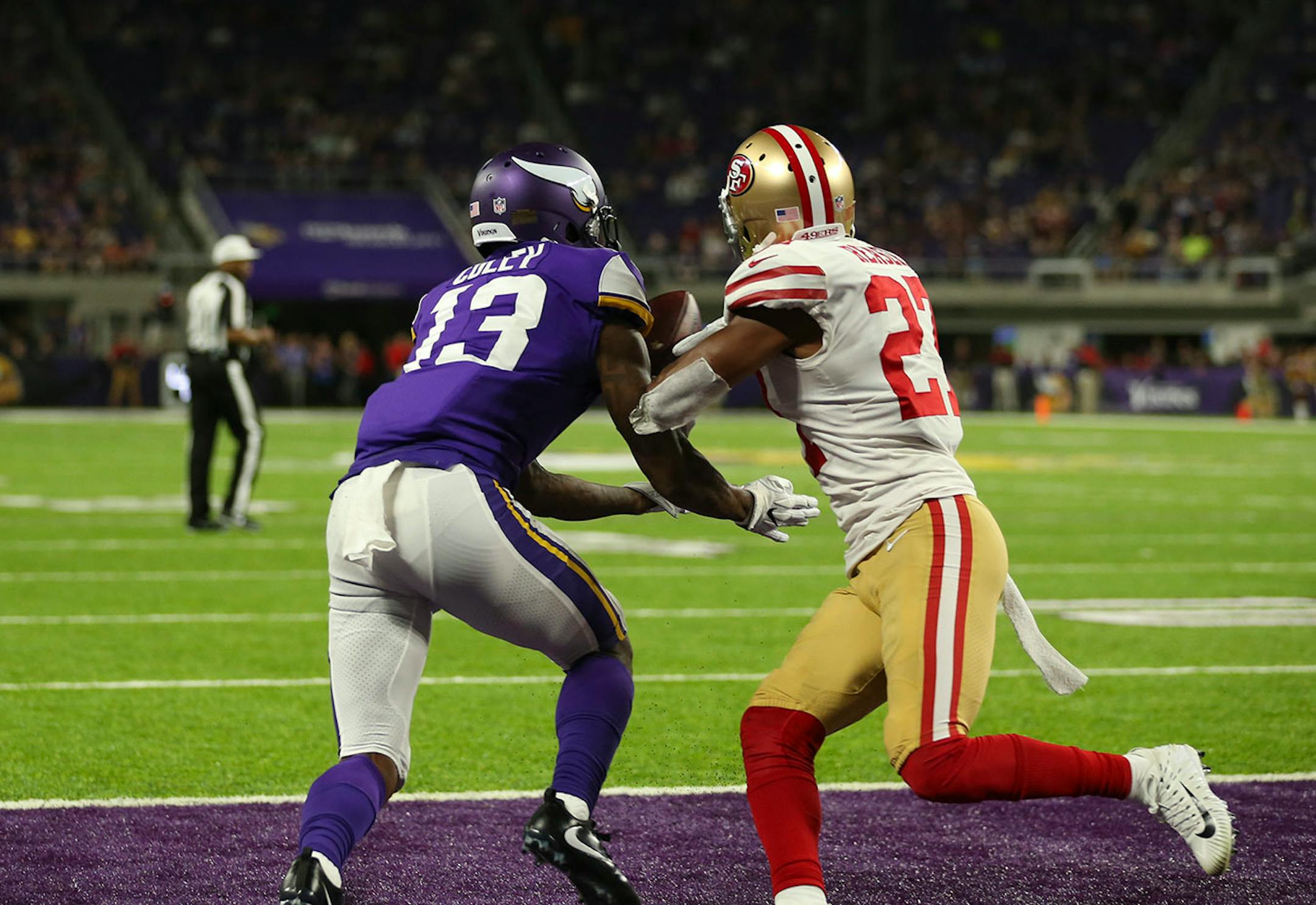San Francisco 49ers cornerback Keith Reaser (27) was called for pass interference while defending Minnesota Vikings wide receiver Stacy Coley (13) in the end zone in the fourth quarter.