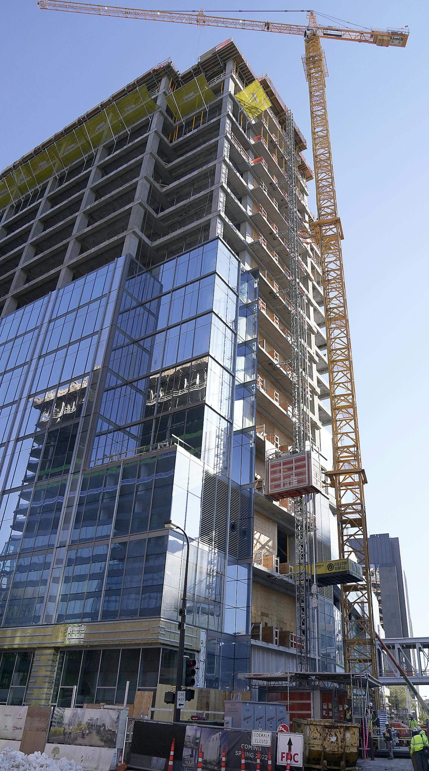 Glass windows are already installed on the first seven floors on the east side of the RBC Gateway Tower, which should reach its full 37 stories by February 2022, United Properties said.