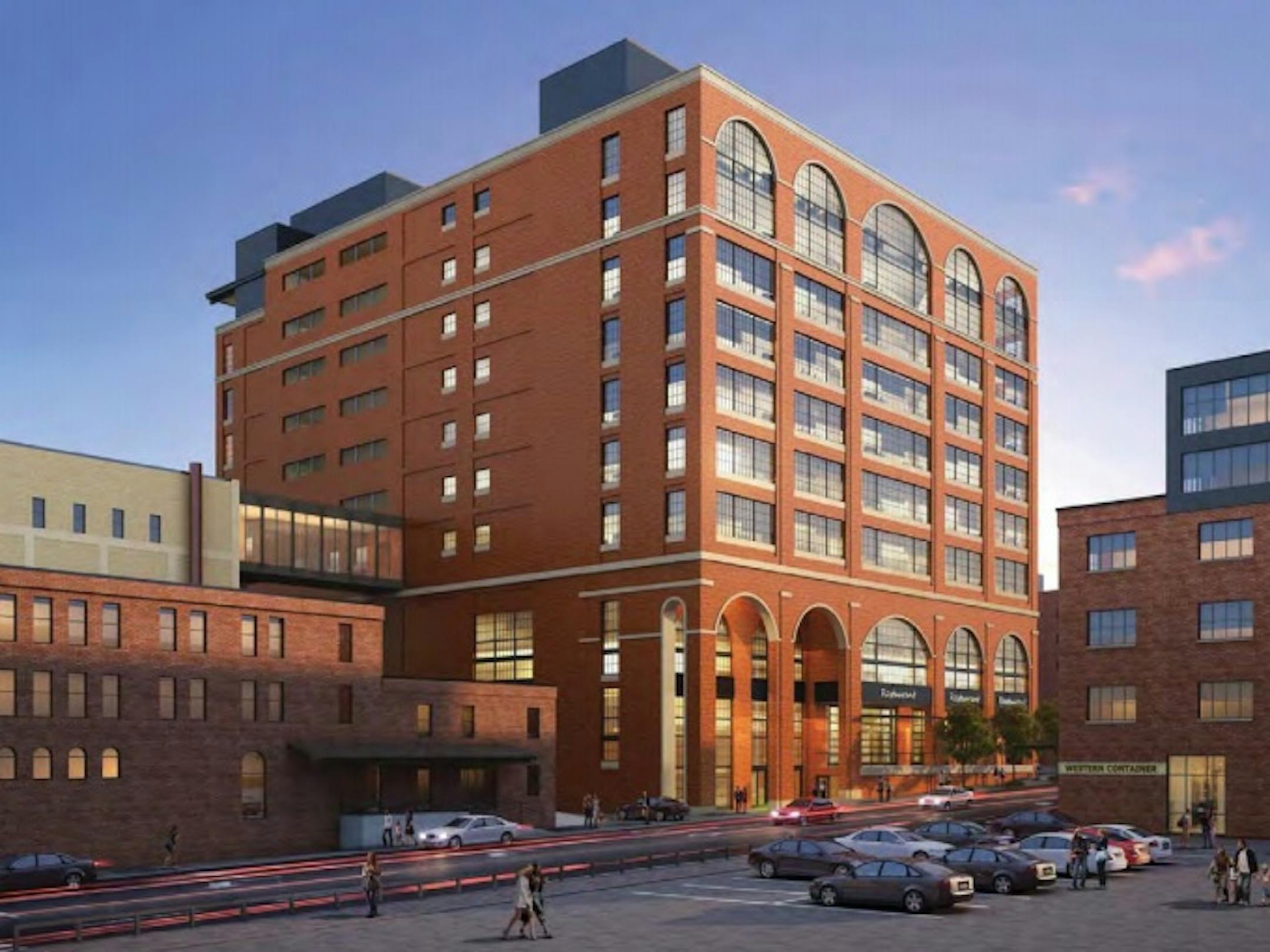 Developers of a 10-story office building, shown in this rendering, on Washington Avenue in the North Loop of Minneapolis changed their plan to accommodate much more parking.